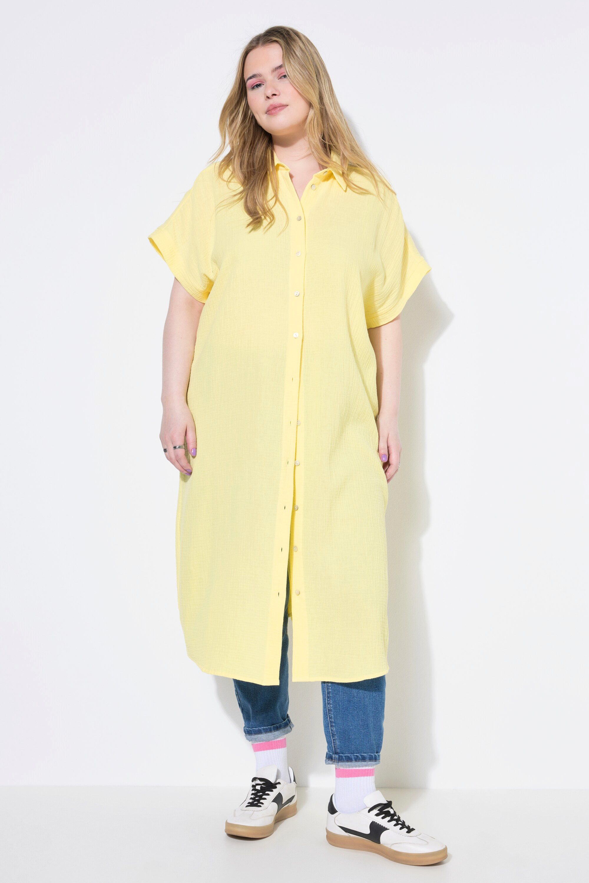 Hemdbluse Longbluse langer Eggshape Musselin Halbarm