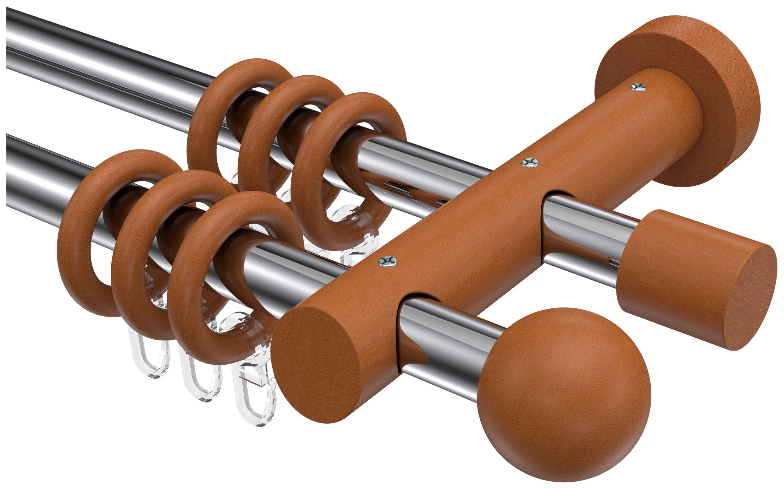 INTERDECO Gardinenstange Talena Luina, Ø 20 mm, 2-läufig, Fixmaß, kürzbar, Wandmontage, Metall, Chrom / Kirschbaum / Bicolor