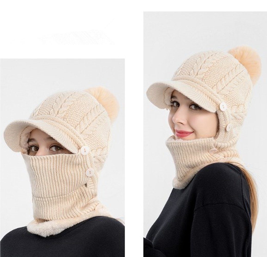 XDeer Strickmütze Damen Wintermütze mit Schirm Fleece Gefüttert Strickmützen 3 In 1 Verstellbarer Gesichtsschutz für Damen