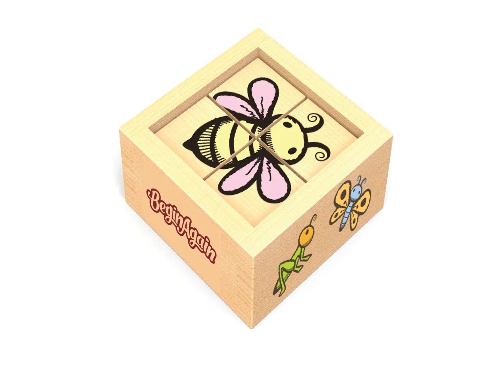 LK Trend & Style Puzzle Holzpuzzle In einem Würfel verschiedene Tiere, schönes Anfänger Puzzle, 4 Puzzleteile, aus nachhaltig gewonnenen Gummibaum Holz Biene und Freunde