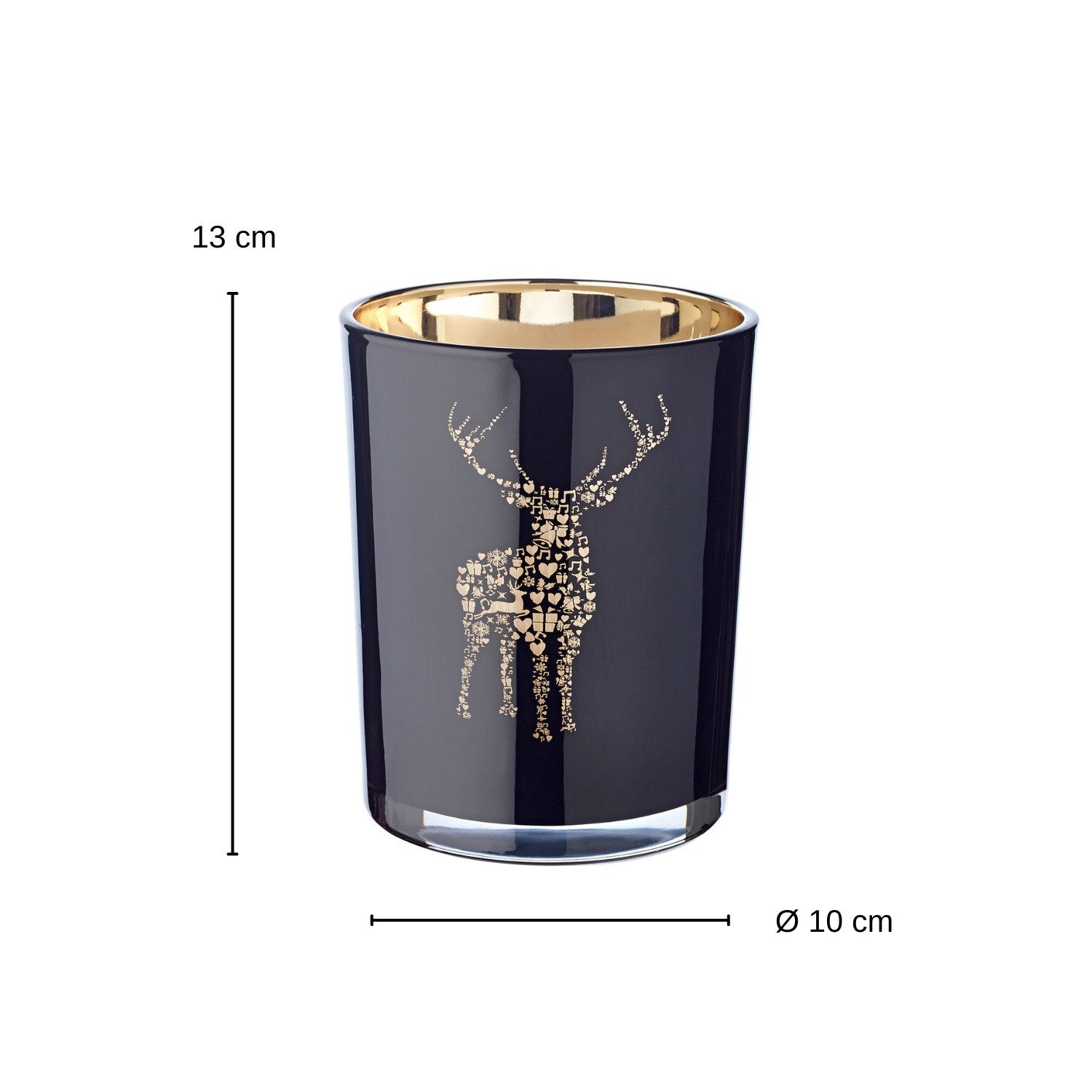 EDZARD Windlicht Fancy (H 13 cm, Ø 10 cm) Glas, Hirsch-Motiv, schwarz / gold