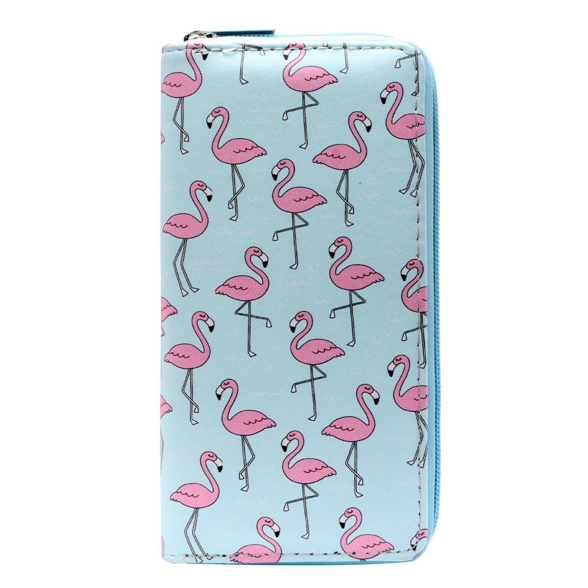DonDon Geldbörse Geldbeutel Portemonnaie Einhörner (1-tlg), Geldbörse für Damen und Mädchen, Einhorn- und Flamingomotive, mit Reißverschluss Flamingos blau