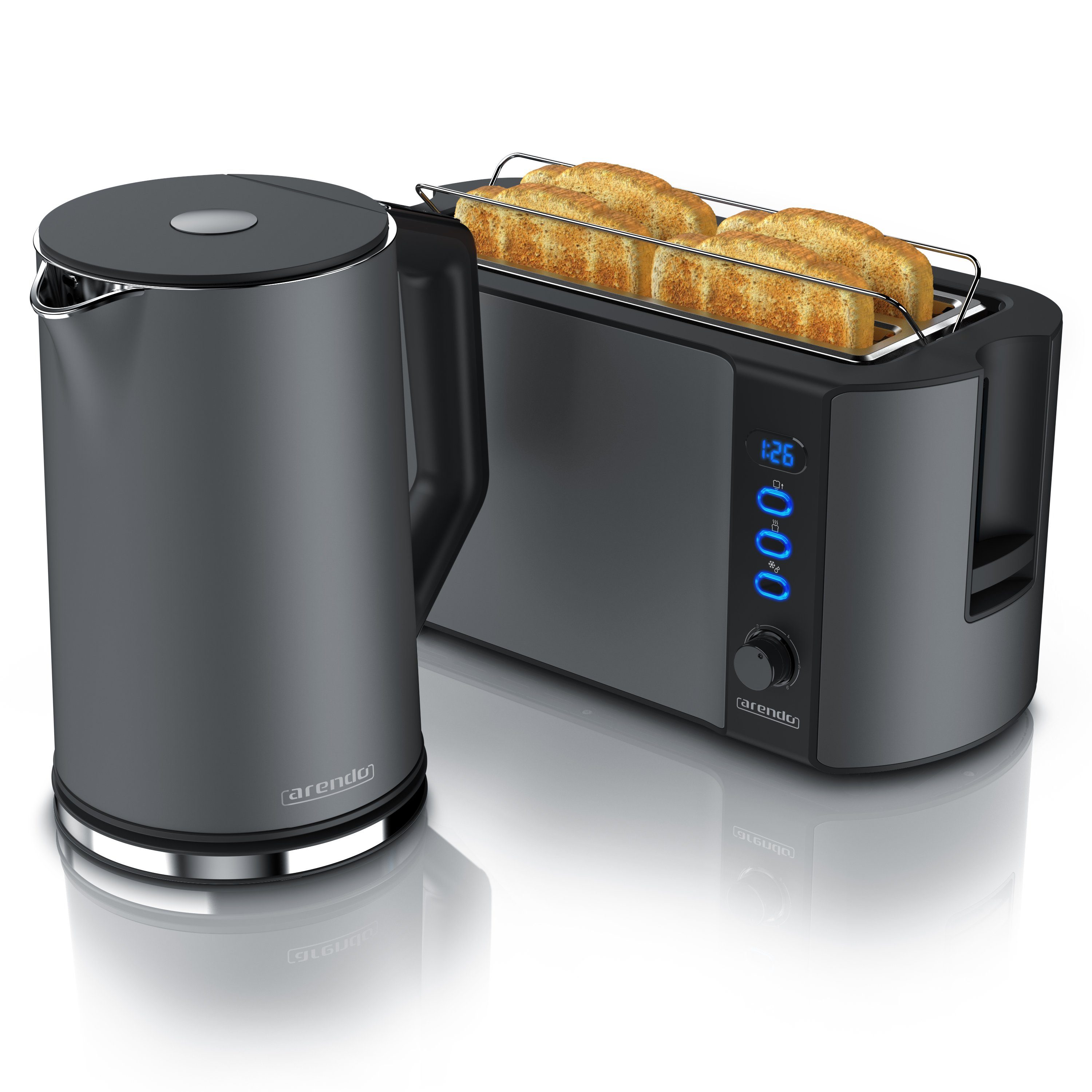 Arendo Frühstücks-Set Edelstahl Wasserkocher 1,5l, 4-Scheiben Langschlitz Toaster, Cool Grey (2-tlg), Temperatureinstellung, Warmhaltefunktion, Display, Brötchenaufsatz