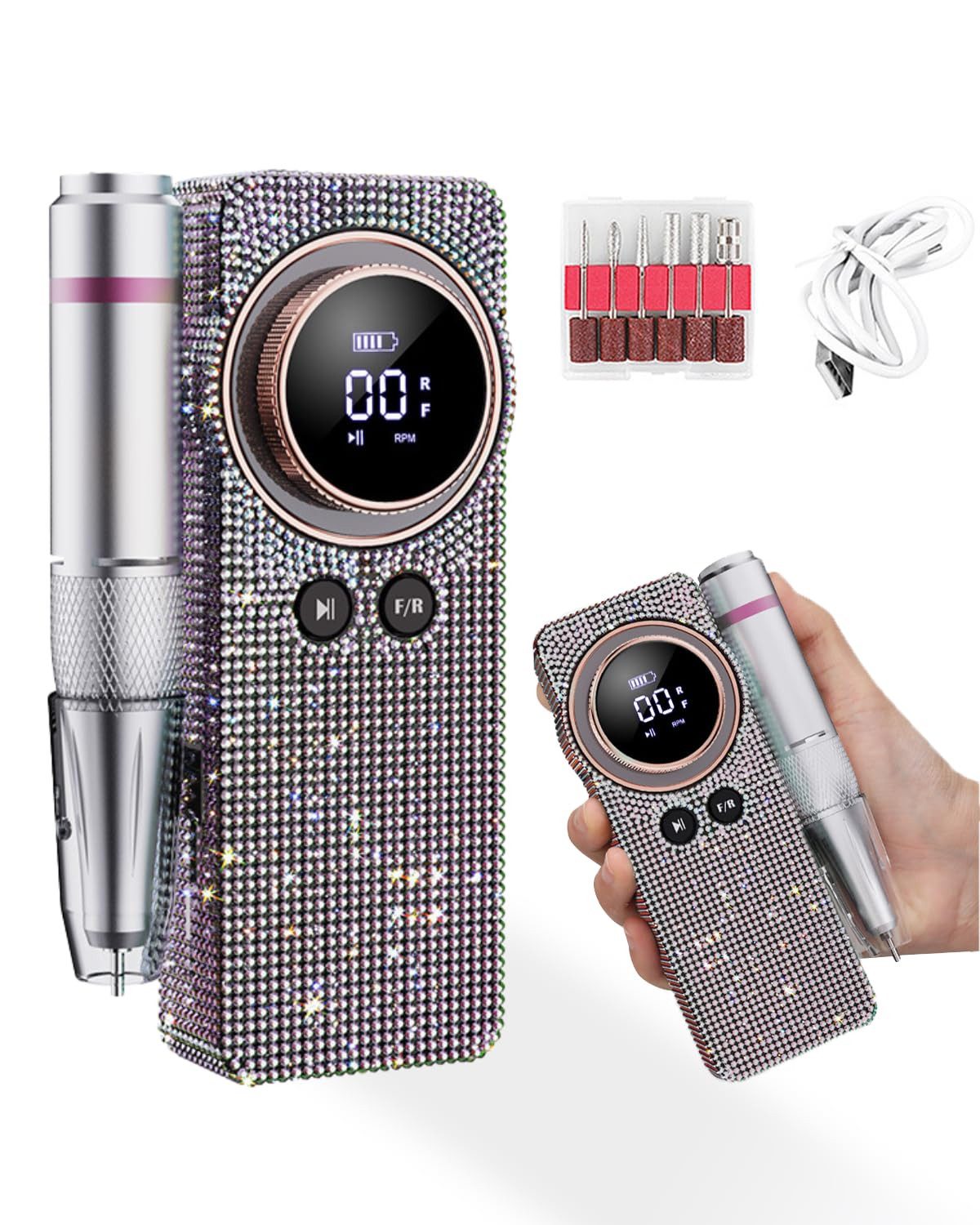 Tekoo Maniküre-Pediküre-Set Maniküre-Pediküre-Set Elektrisch, 35.000 U/min, Tragbar mit Akku & LCD, Besetzt mit funkelnden Strasssteinen, Kabelloses Design