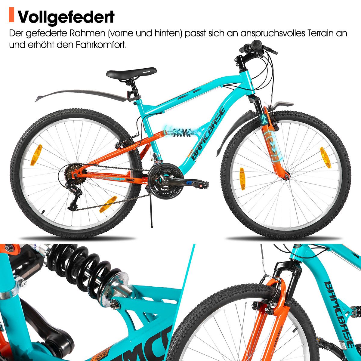 HILAND Mountainbike 26 Zoll Vollfederung Herren Damen Mountainbike, Mit 18-Gang-Schaltung, Federgabel und vollgefedertem Rahmen, Kotflügel