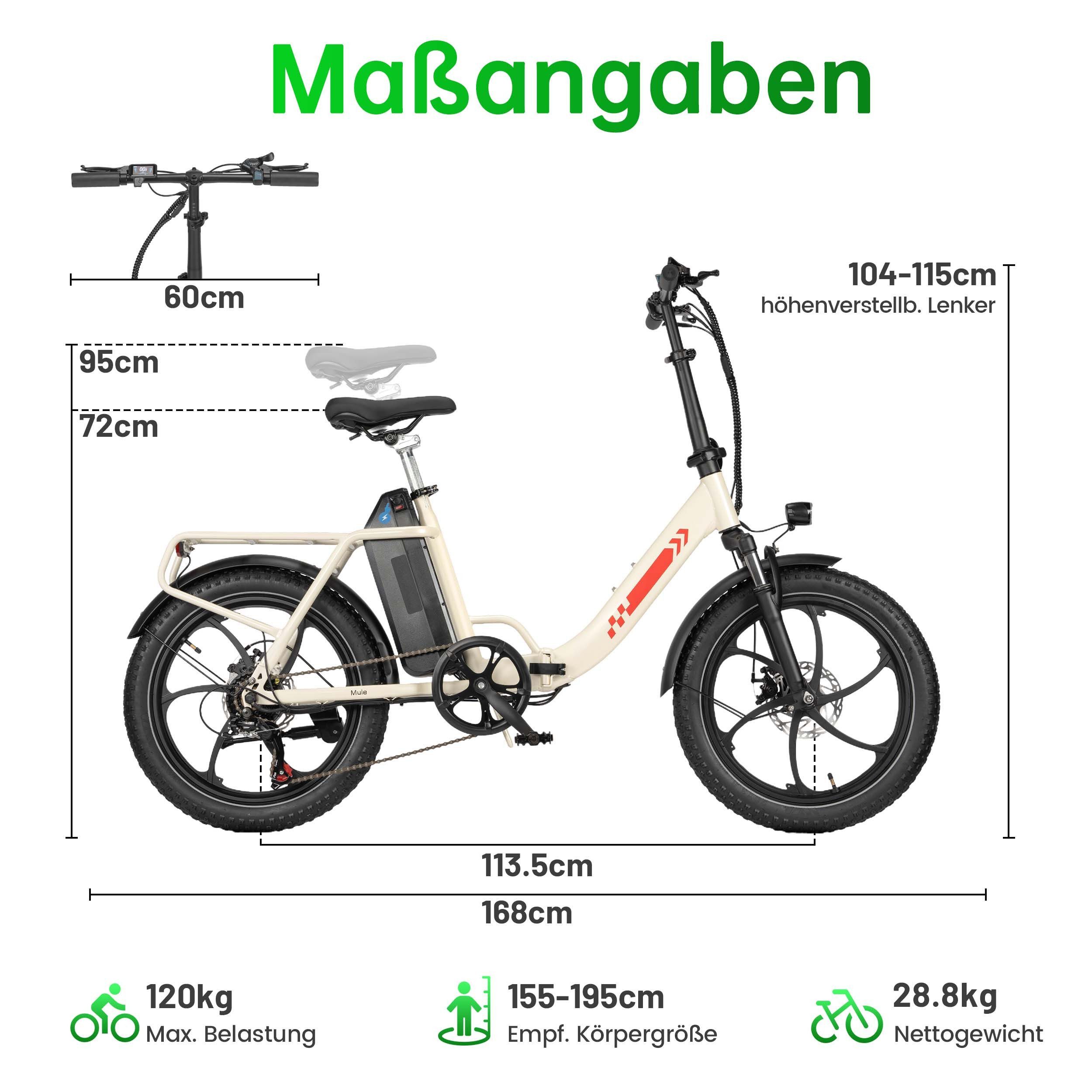 Vankel E-Bike Faltrad E1 Faltbares Damen u. Herren E-Fahrrad 960WH Pedelec,20AH 120 km, Kettenschaltung, Heckmotor, 960 Wh, 20x3'' Klapprad, Pedelec E-Citybike mit Tiefeinstieg, faltbar, E-bikes