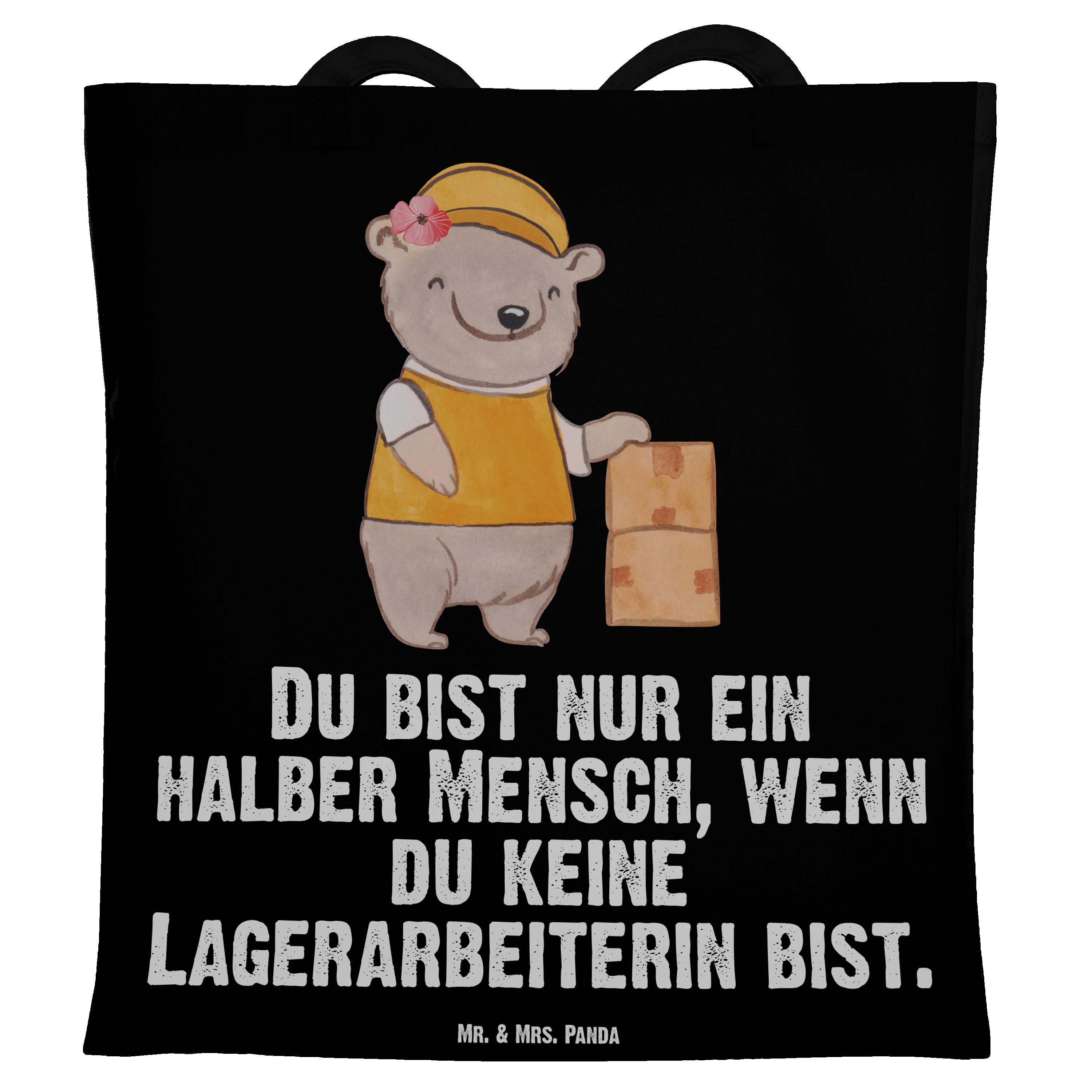 Mr. & Mrs. Panda Tragetasche Lagerarbeiterin mit Herz - Schwarz - Geschenk, Beutel, Lagerverwalter (1-tlg)