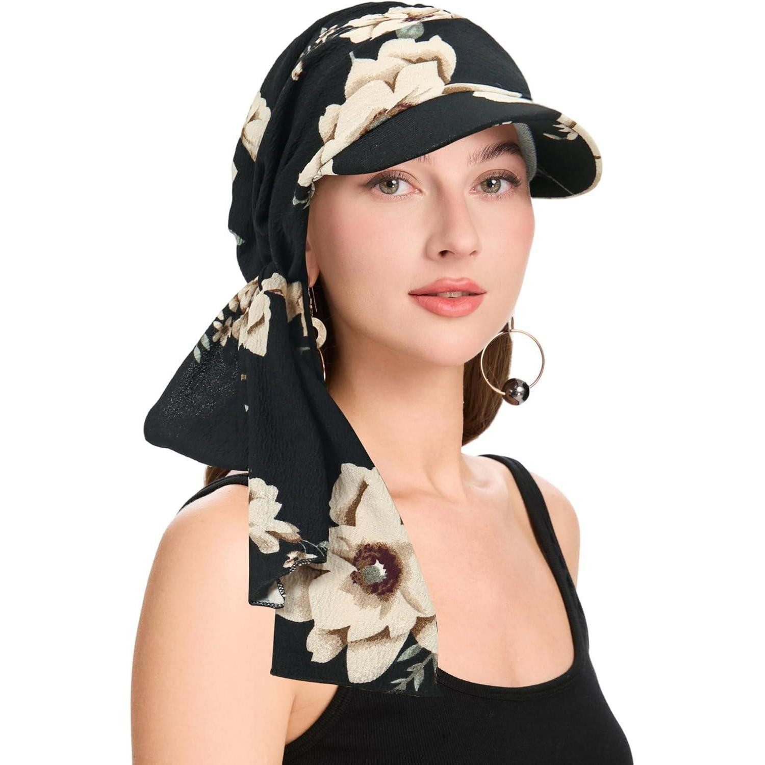 LuxusKollektion Turbanmütze Kopfbedeckung Damen Chemo Krempe Visier Gebundene Beige Blumen Schwarz
