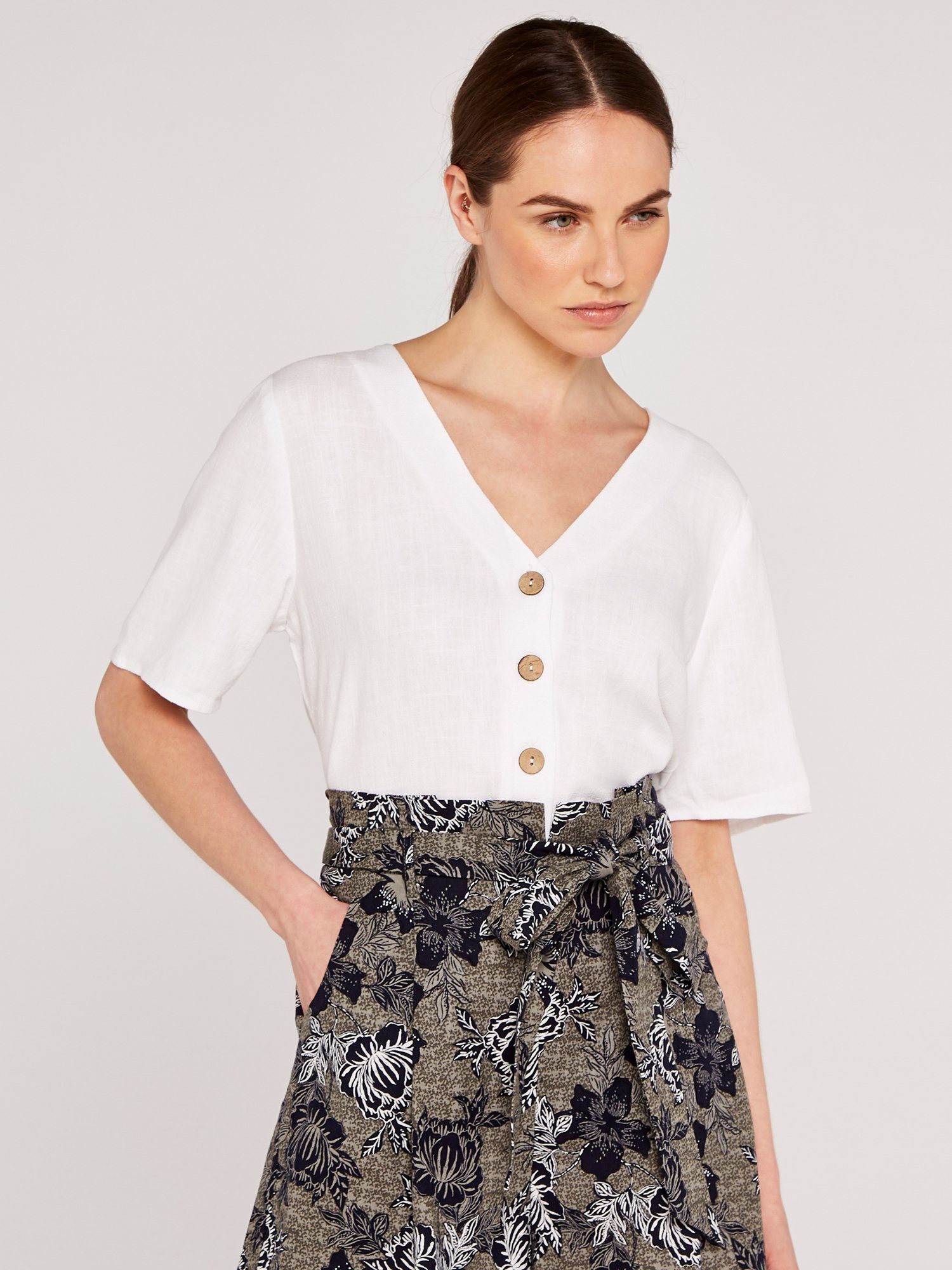 Apricot Klassische Bluse Kurzarm Top mit Knopfleiste