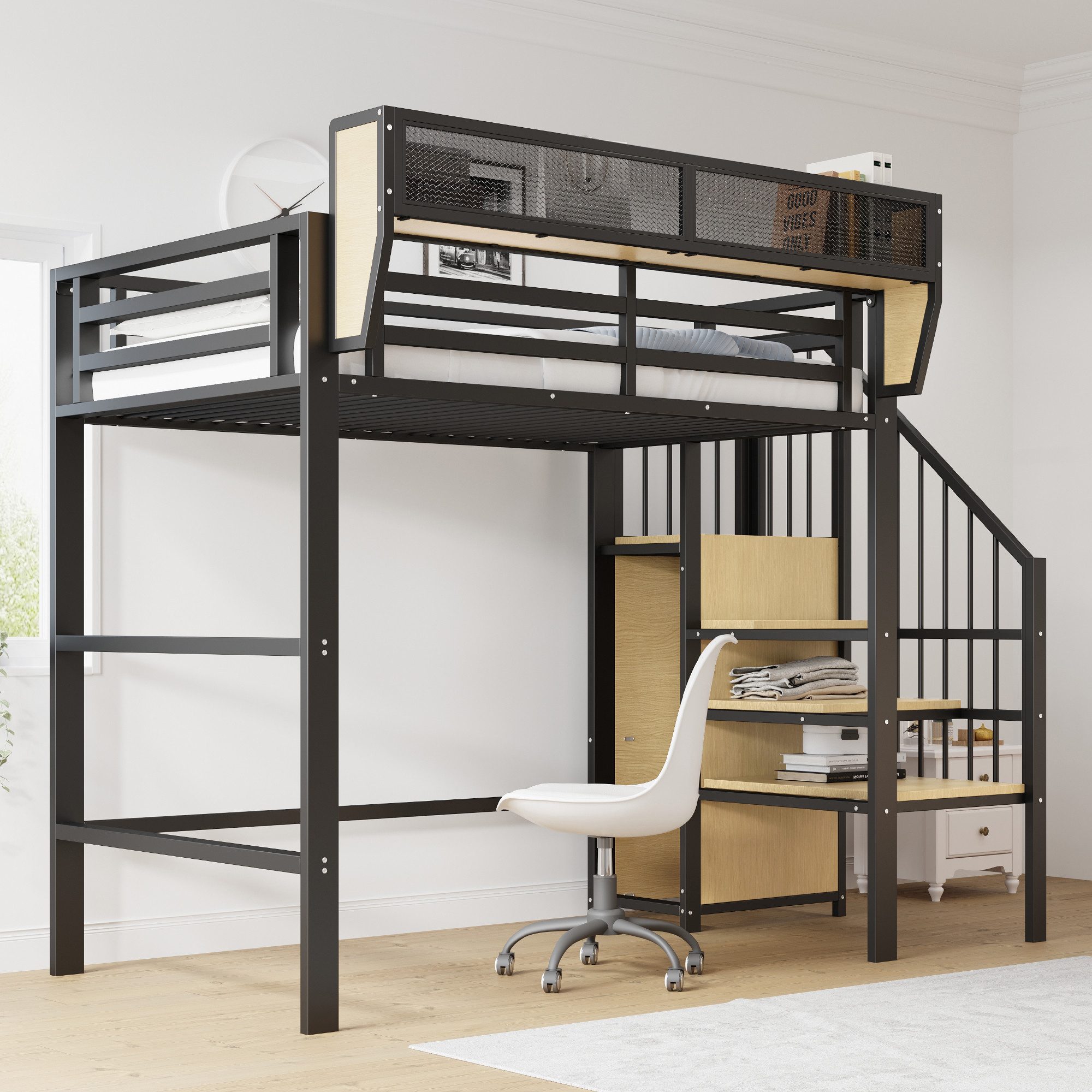 Merax Hochbett (1-St., 255 x 95 x 191 cm) Kinderbett Metallbett 90x200cm mit Sicherheitsleiter Staufach Regal
