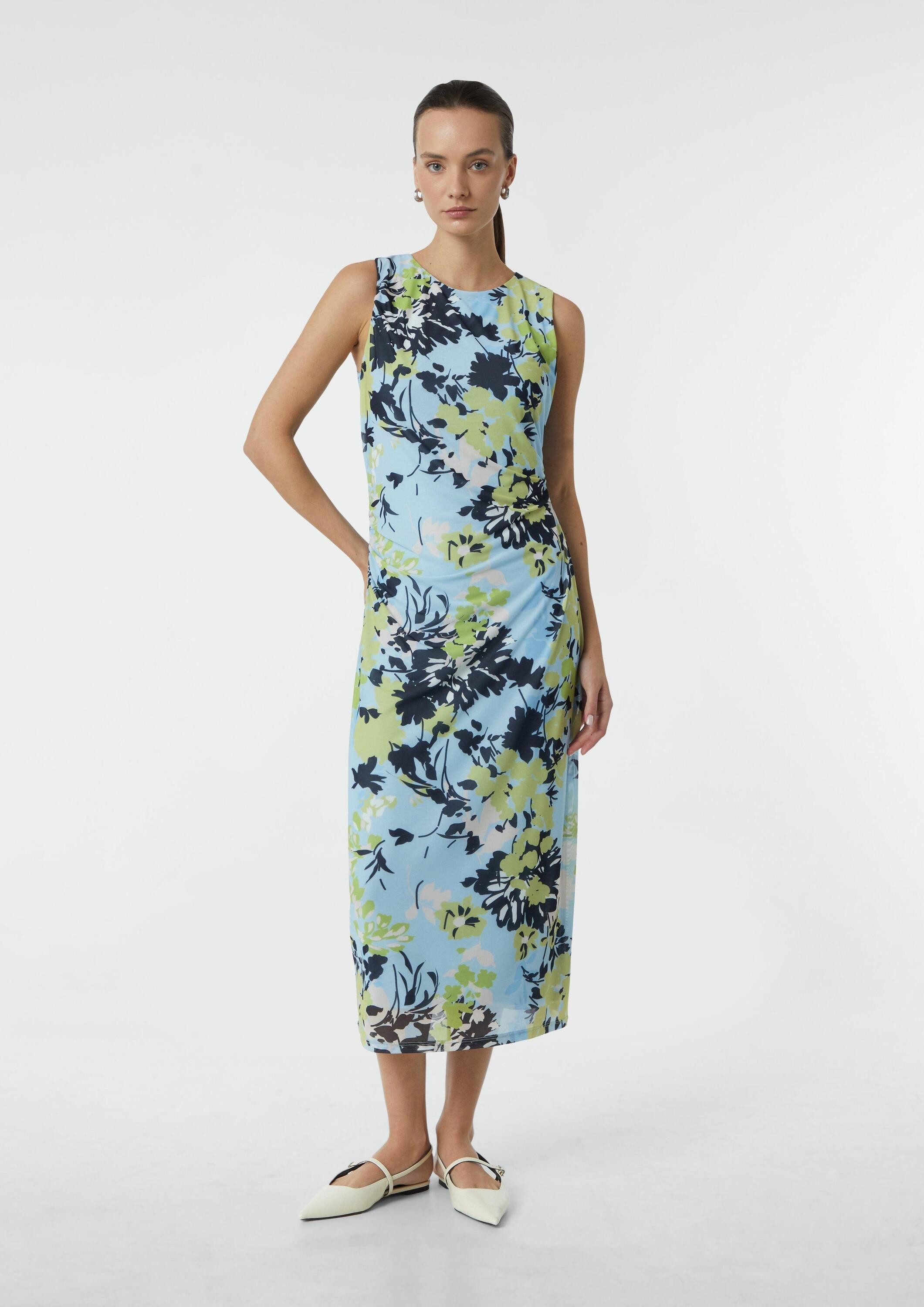 comma Midikleid Kleid Langes Mesh-Kleid mit Viskosefutter und Raffung