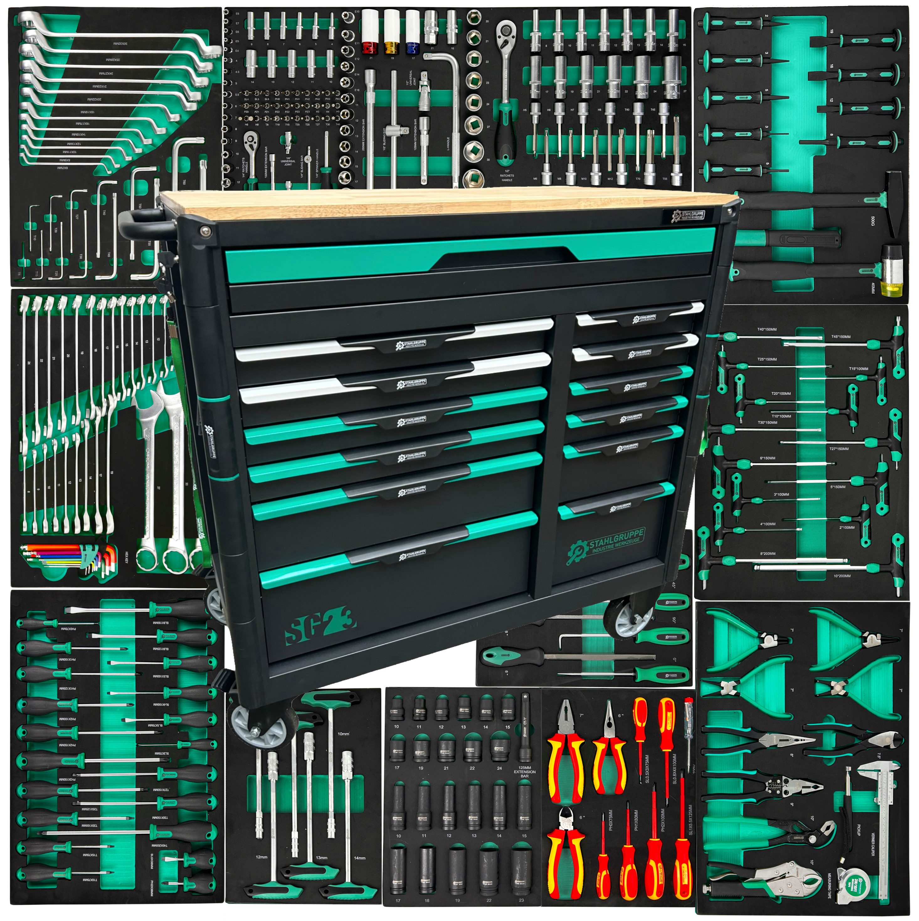 DeTec. Werkstattwagen bestückt, Werkzeugwagen 13 Schubladen 11 gefüllt mit Werkzeug, abschließbare Schubladen