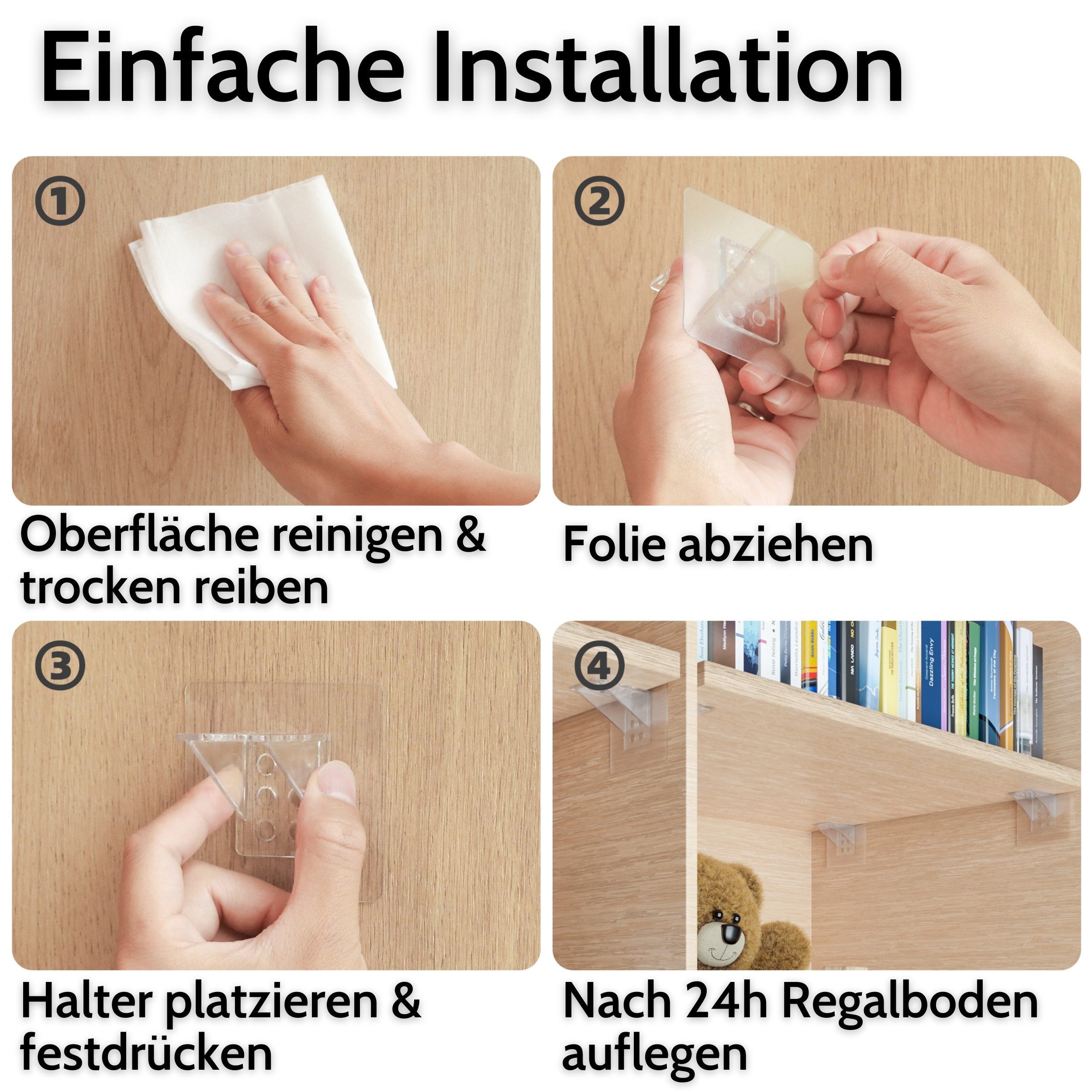 DEKAZIA Wandregalhalter ohne Bohren, Regalbodenhalter selbstklebend, Träger für Regalböden, versch. Größen & Lasten, 4er, 10er, 16er Set 16-tlg., Regalbodenträg – Bild 4 von 5