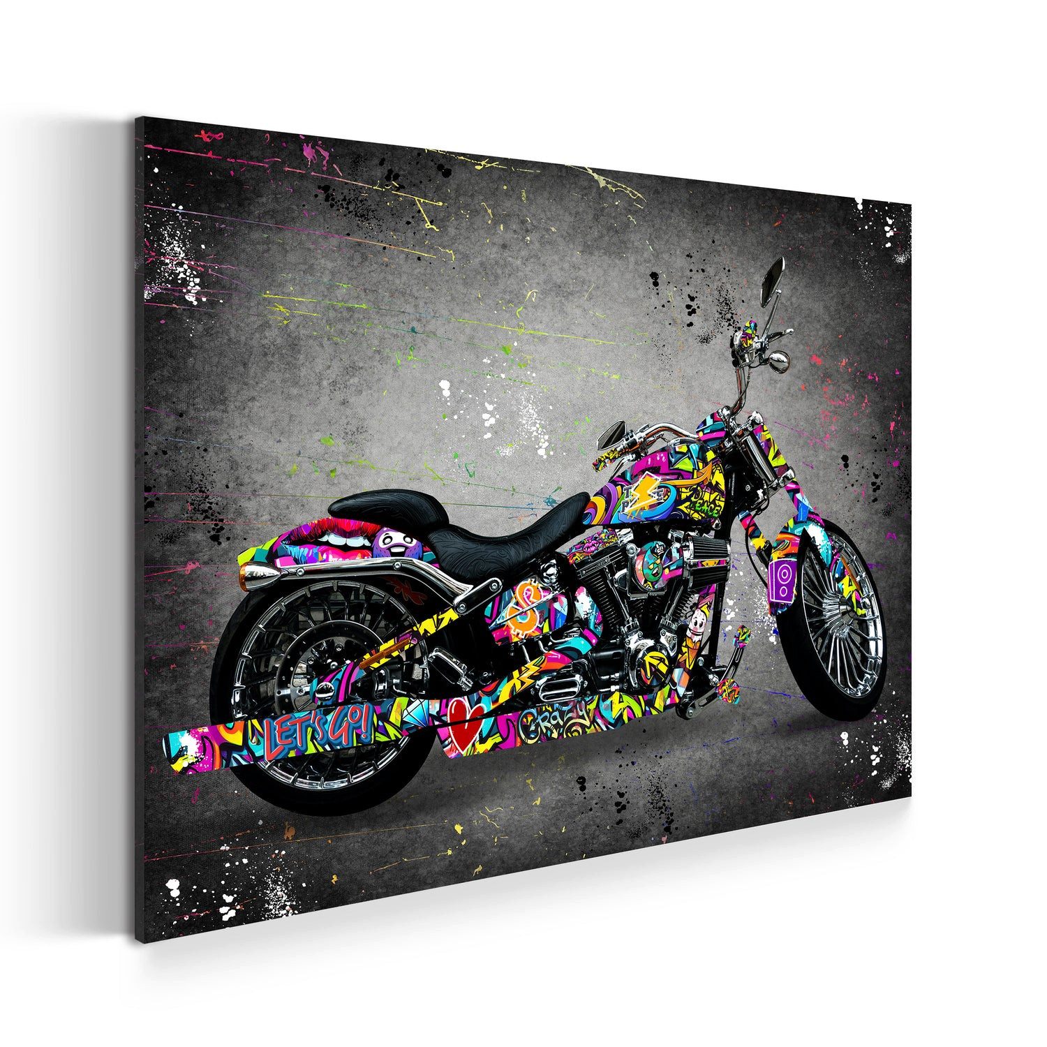 Artedinoi Leinwandbild Motorrad Chopper Street Art Wandbild Leinwandbild XXL Deko, Motorrad im Graffiti-Look