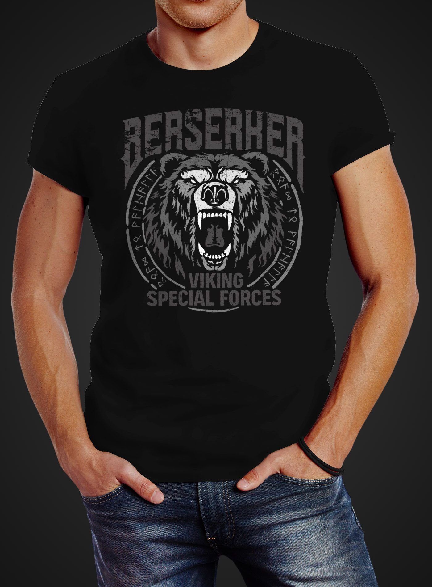 mit T-Shirt Neverless® Bär Runen nordische Print Neverless Mythologie Streetstyle Berserker Print-Shirt Fashion Viking Herren