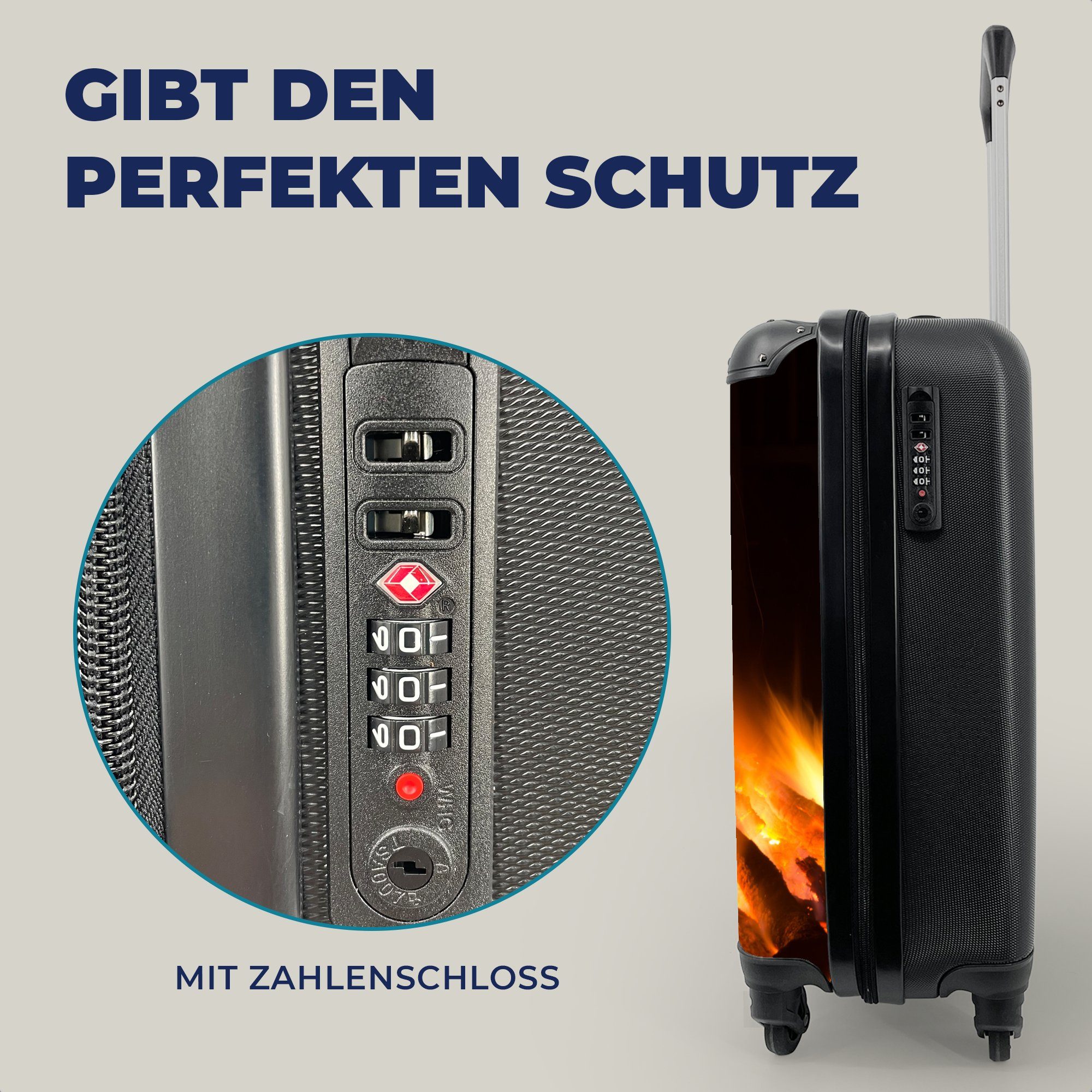 Reisetasche Kamin für mit rollen, vor Reisekoffer Ferien, Handgepäck Hintergrund, 4 Trolley, Rollen, MuchoWow schwarzem Handgepäckkoffer