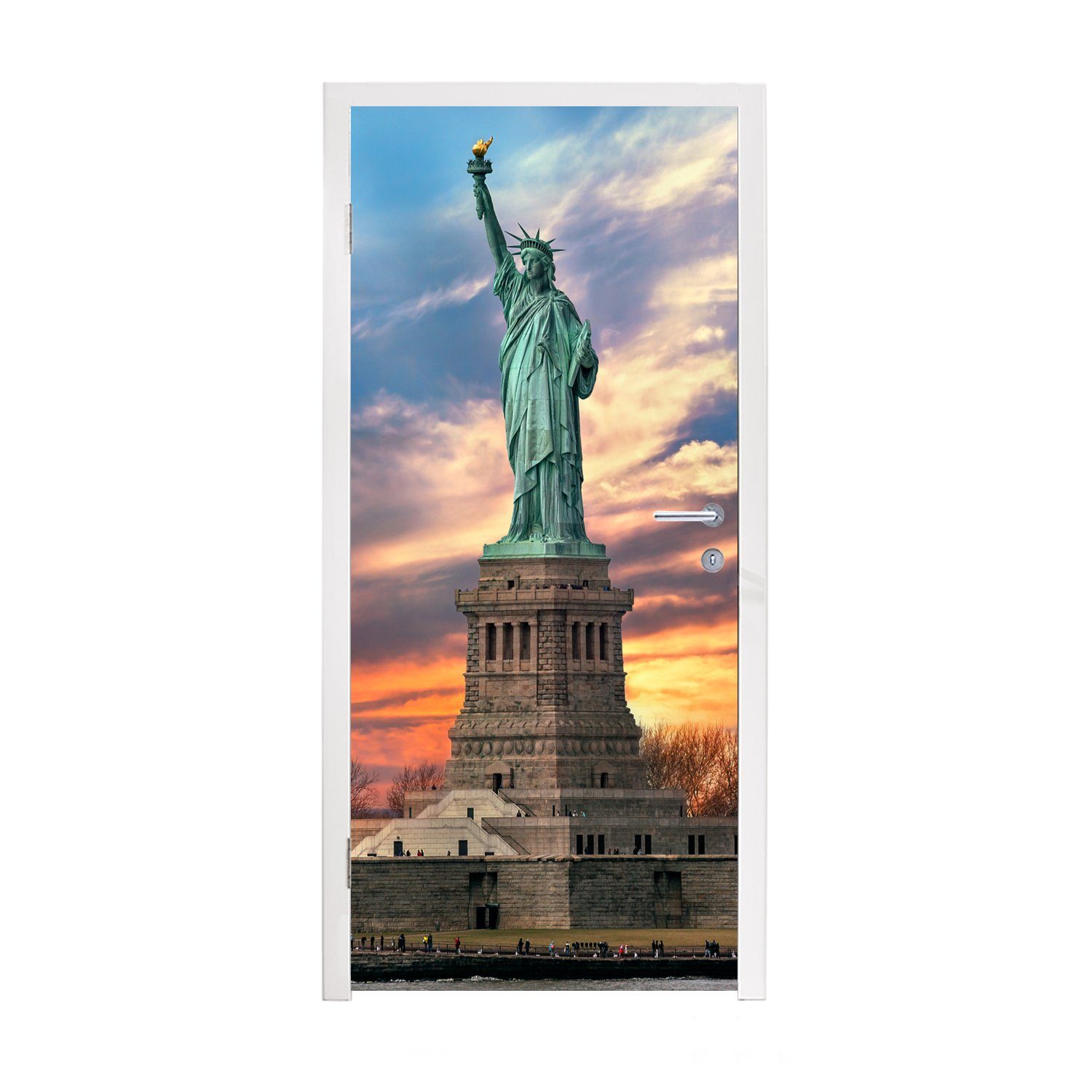 MuchoWow Türtapete Freiheitsstatue in New York bei Sonnenuntergang, Matt, bedruckt, (1 St), Fototapete für Tür, Türaufkleber, 75x205 cm