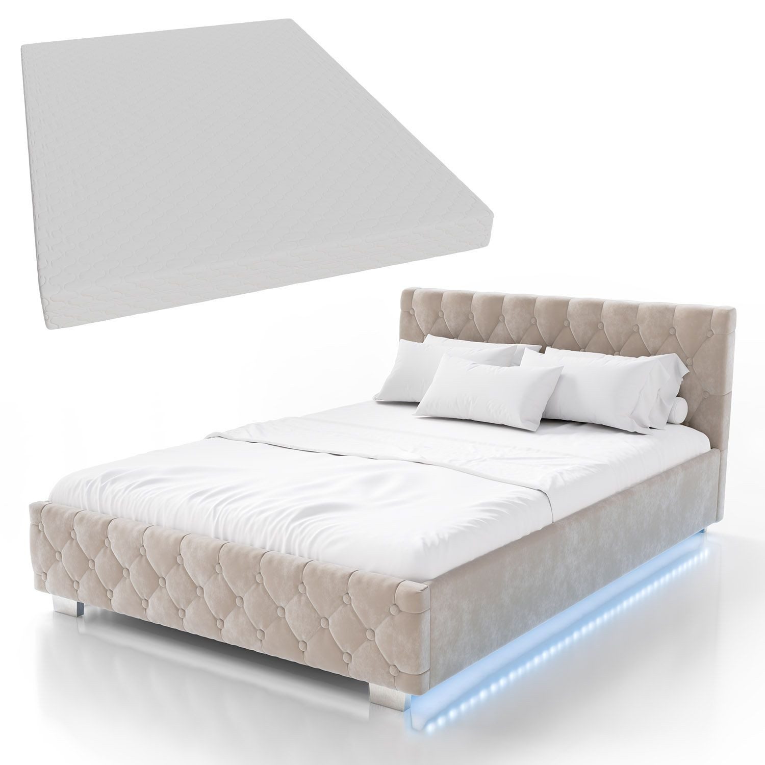 Juskys Polsterbett Nizza, 140x200 cm, LED Licht, Stauraum, Samtbezug, inkl. Matratze