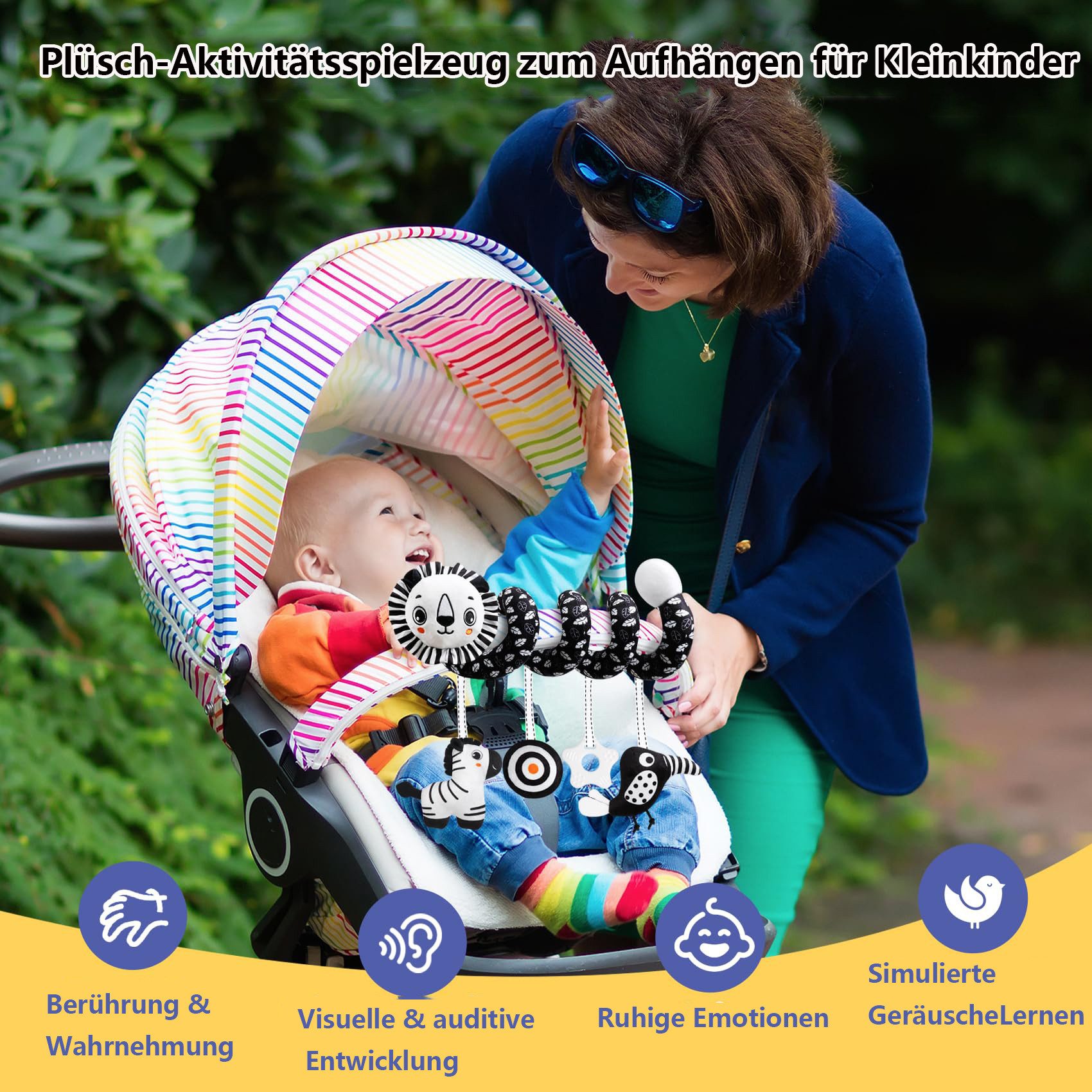CLTYQ Kinderwagenkette Baby-Autositzspielzeug,schwarz-weiße Spiralrassel Löwe, Kinderwagen-Spielzeugaufsatz Babyspielzeug für Neugeborene
