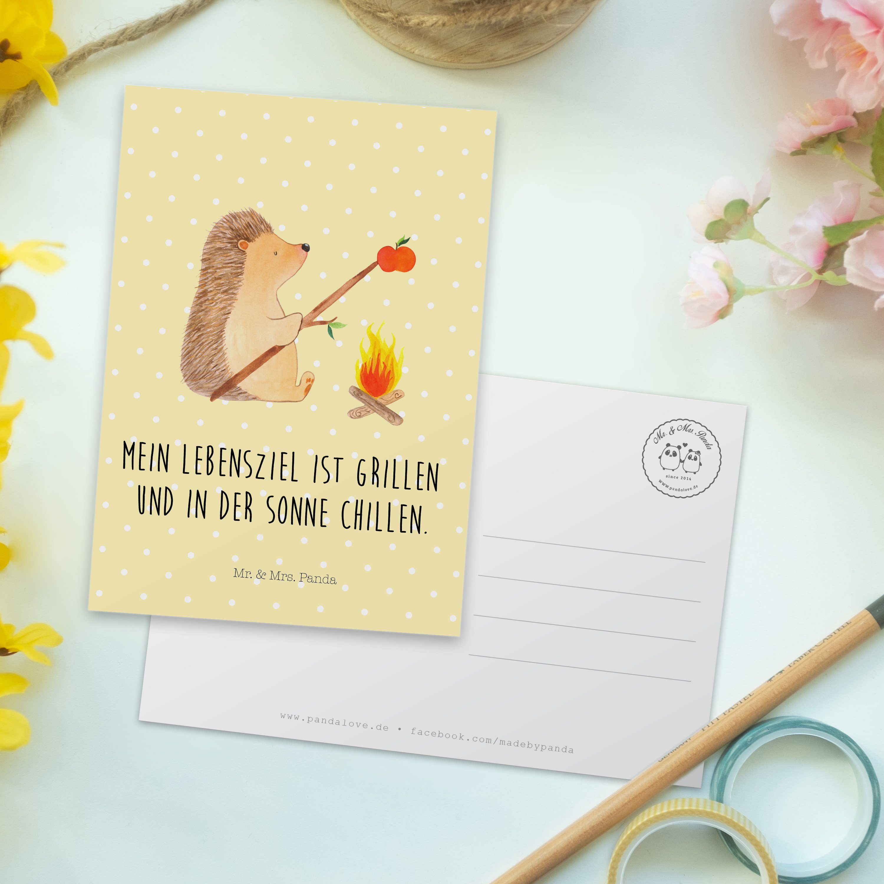 - Gelb Pastell Dankeskarte - Panda Igel & Geburtstagskarte, Mrs. Postkarte grillt Mr. Geschenk,