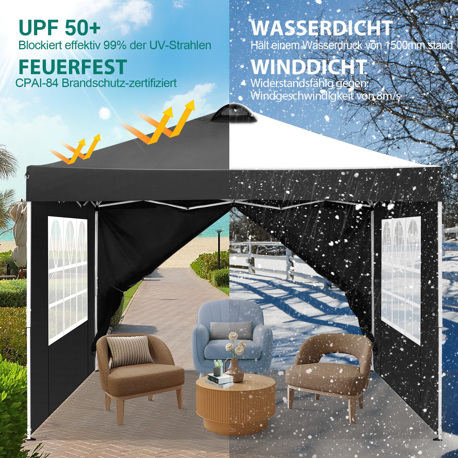 Thumbnail - LUCKZON Pavillon 3x3m, mit Belüftung, wasserdicht, UV-Schutz 50+, Höhenverstellbar, mit 4 Seitenteilen, L×B×H:300×300×26...