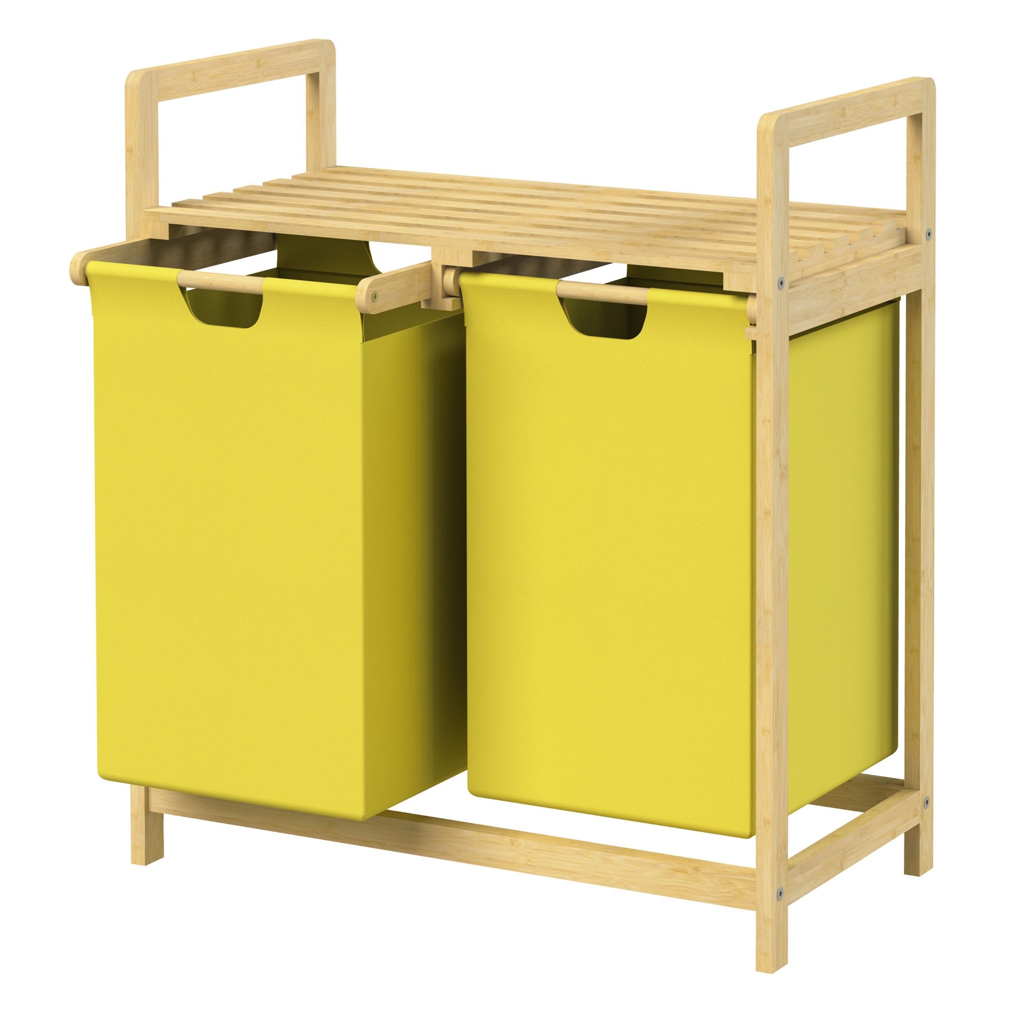 ML-DESIGN Wäschekorb Wäschebox mit 2 Fächern aus Bambus und Oxford-Gewebe für Badezimmer, Wäschesäcken 60L mit Stabiles Holzgestell Gelb 73x63x33cm Wäschetruhe