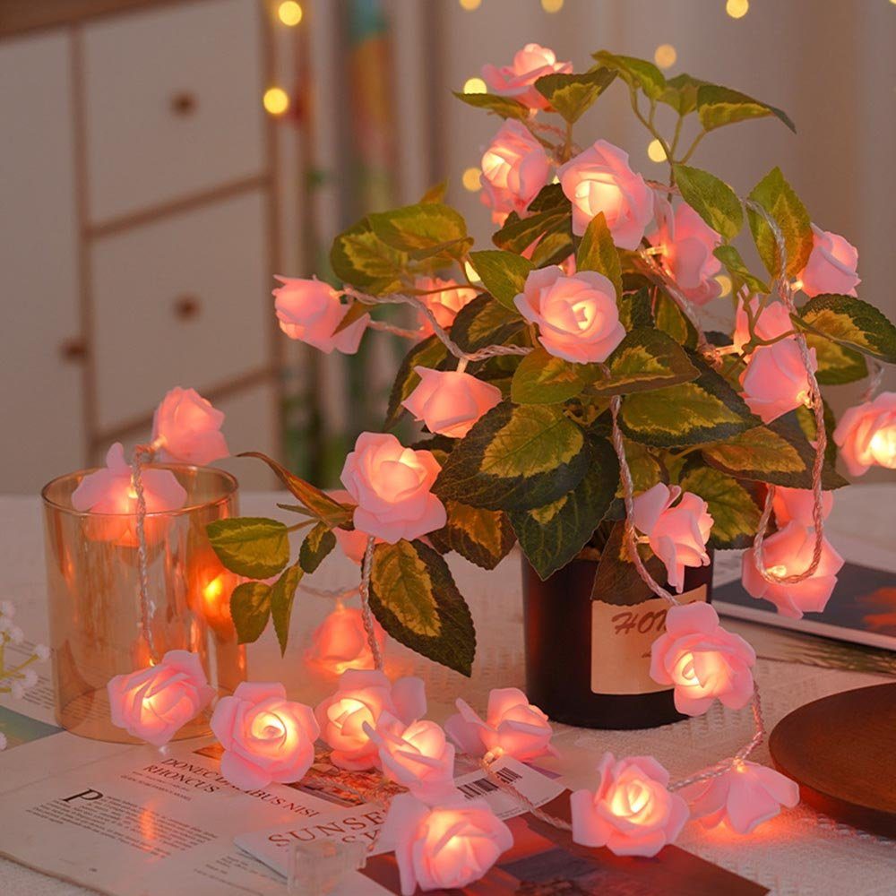 MUPOO LED-Lichterkette LED Weihnachten,Blumengirlande Nachtlicht Rosa 20LEDs Party Girlande,Kunstblume Rose Dekolicht Rose,LED für Garten Warmweiß,Batterie, 3M