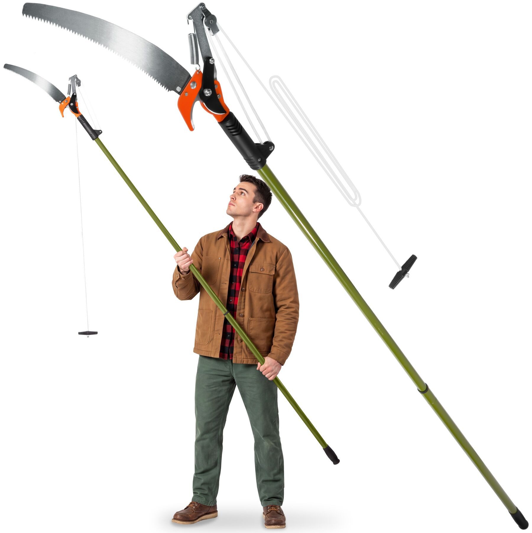tectake Astschere Baumschere, rutschfester Griff, ausziehbar 161–258 cm, (Gartenschere, in grün), mit Seilzug und Säge, Sägeblatt 35 cm, Schnittkapazität 30 mm