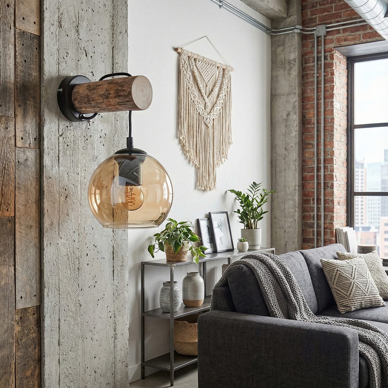 hofstein Wandleuchte Wandlampe aus Metall/Holz/Glas in Schwarz/Natur-/Bernsteinfarben, moderne Wandleuchte im Retro-Design (15cm), Schalter am Gehäuse, E27