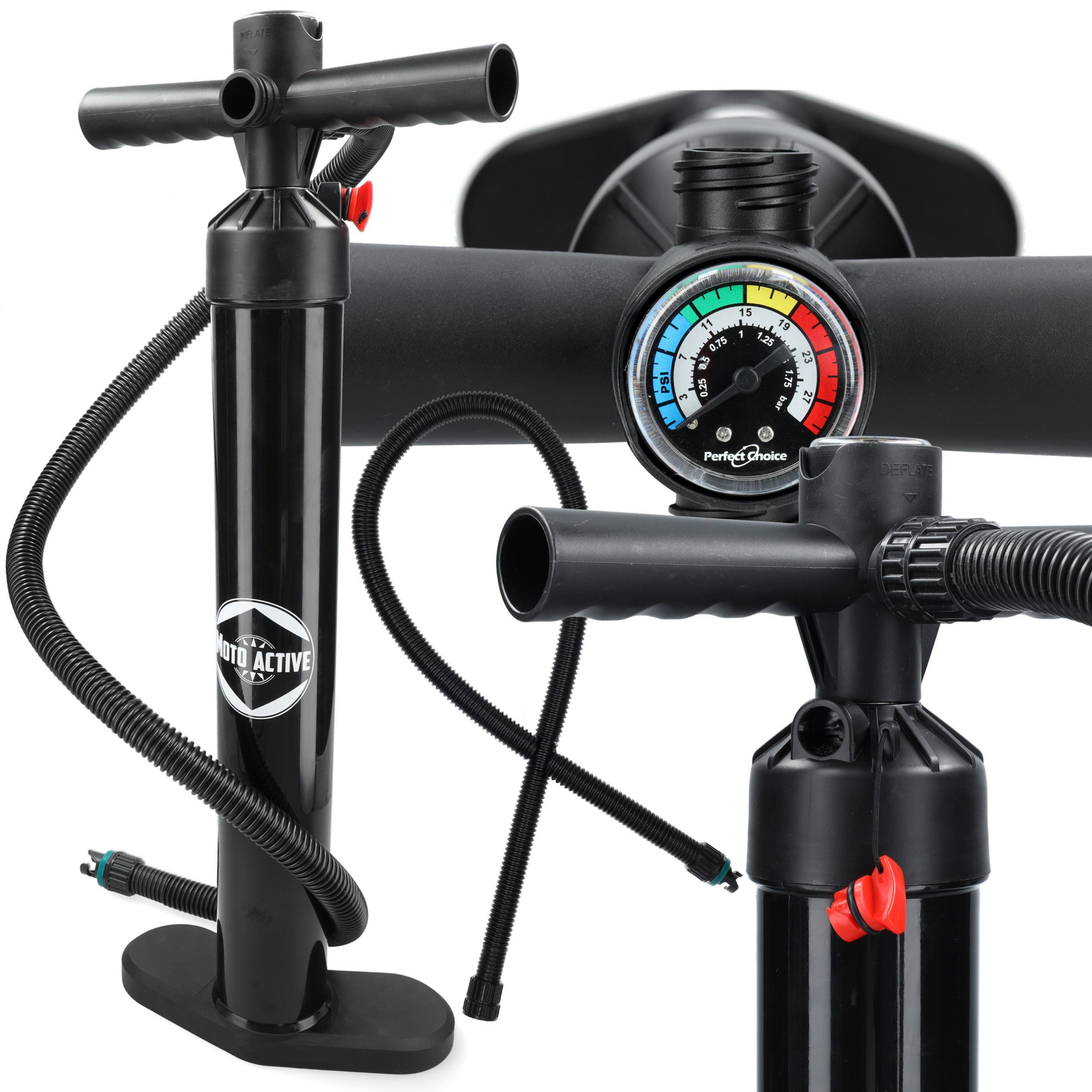 Moto Active SUP-Pumpe SUP Handpumpe Doppelhub Manometer Luftpumpe Boot Kajak Matratze (Handpumpe Doppelhub für SUP Boot Kajak, 1-tlg., 2-Wege), Manometer bis 25 PSI