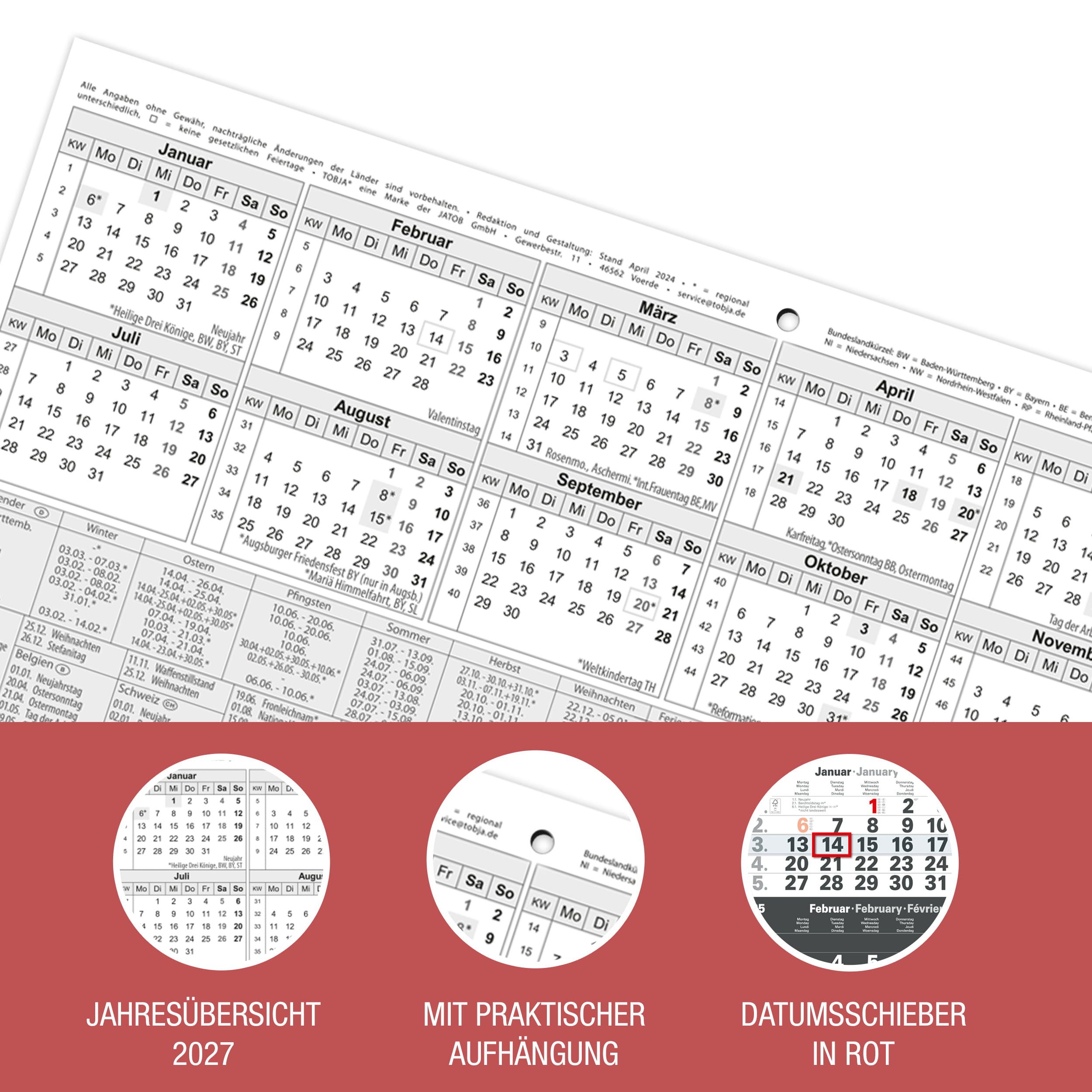 TOBJA Wandkalender 3 Monatskalender 2027 Anthrazit mit Datumsschieber 30x56 FSC, Anthrazit, Datumsschieber, Schulferien DE+AT, 4-sprachig, FSC – Bild 5 von 5