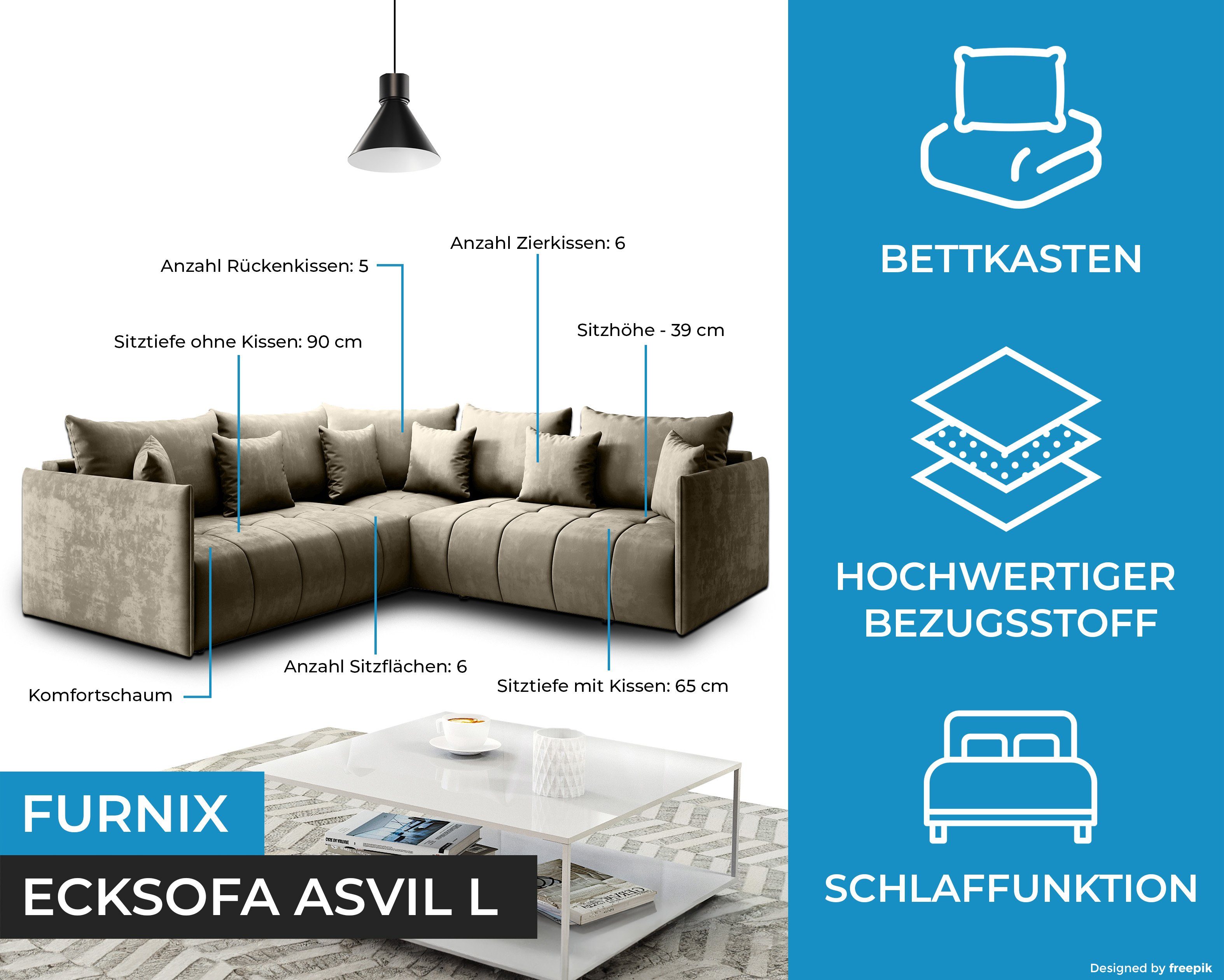 Furnix Ecksofa Polstercouch 231 Beige Bettkasten Kissen, cm, x 83 hochwertig, made 231 Europe und EN01 Schlafsofa L-Form in x in