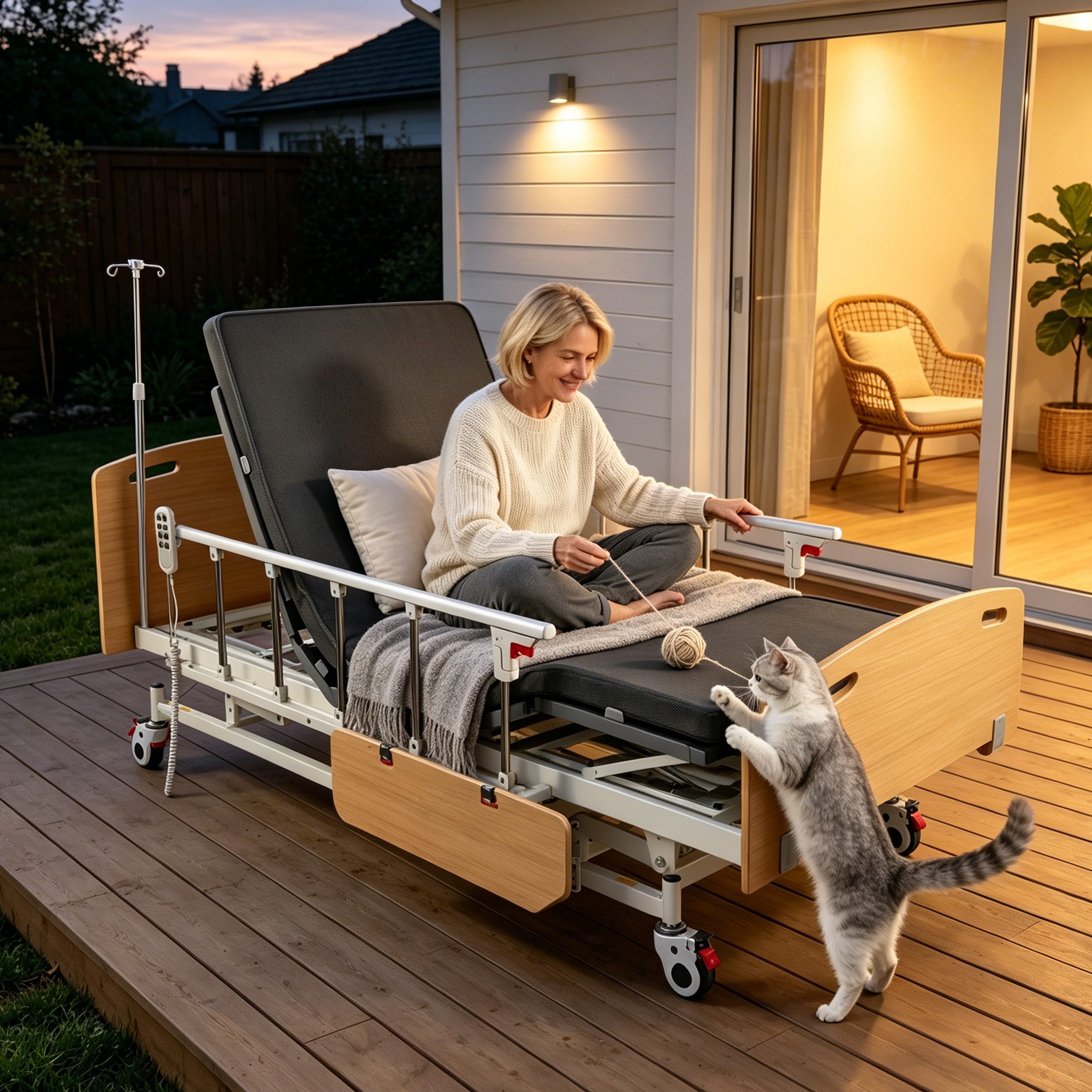 Vankel Bett Elektrisches Pflegebett mit 4 Funktionen, Matratze & max.205kg (Seitenschutz und Lattenrost inklusive, elektrisch verstellbar), mit Fernbedienung, Seitengittern, Tischplatte & Infusionsständer