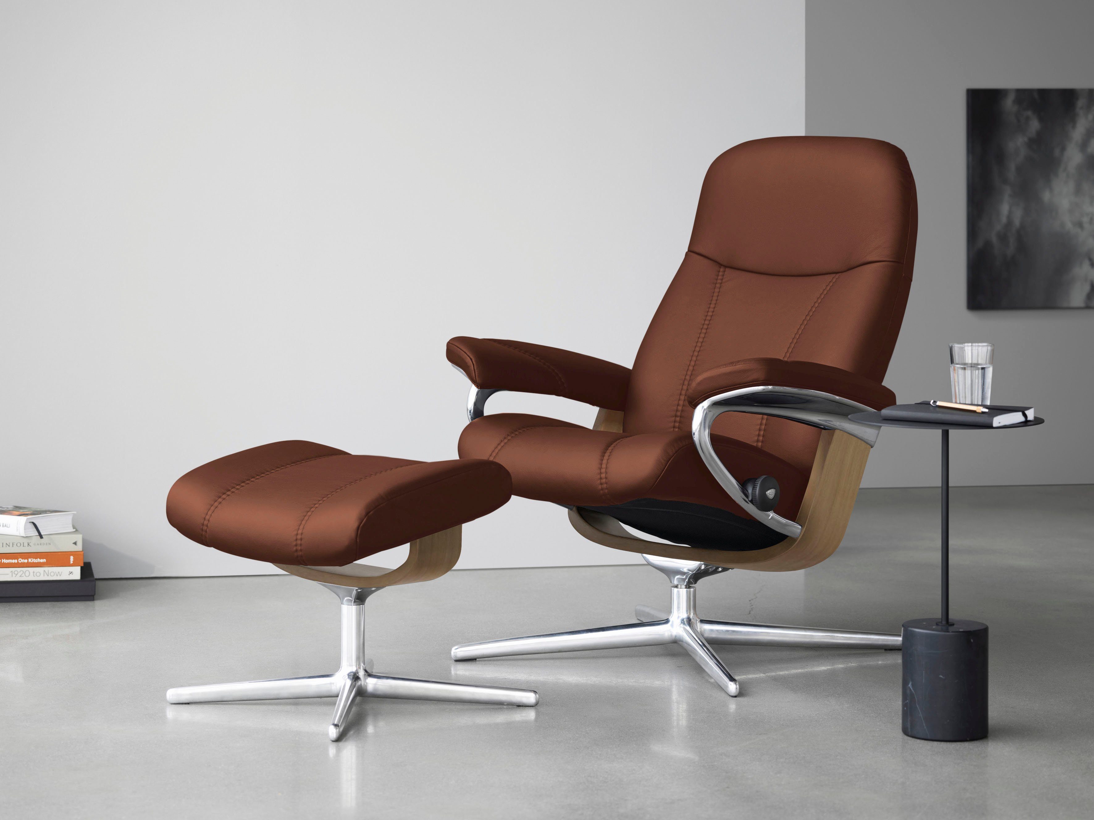 Stressless® (Set, Hocker, Eiche mit mit M Base, Consul Größe L, Relaxsessel Relaxsessel Hocker), S, mit & Holzakzent Cross