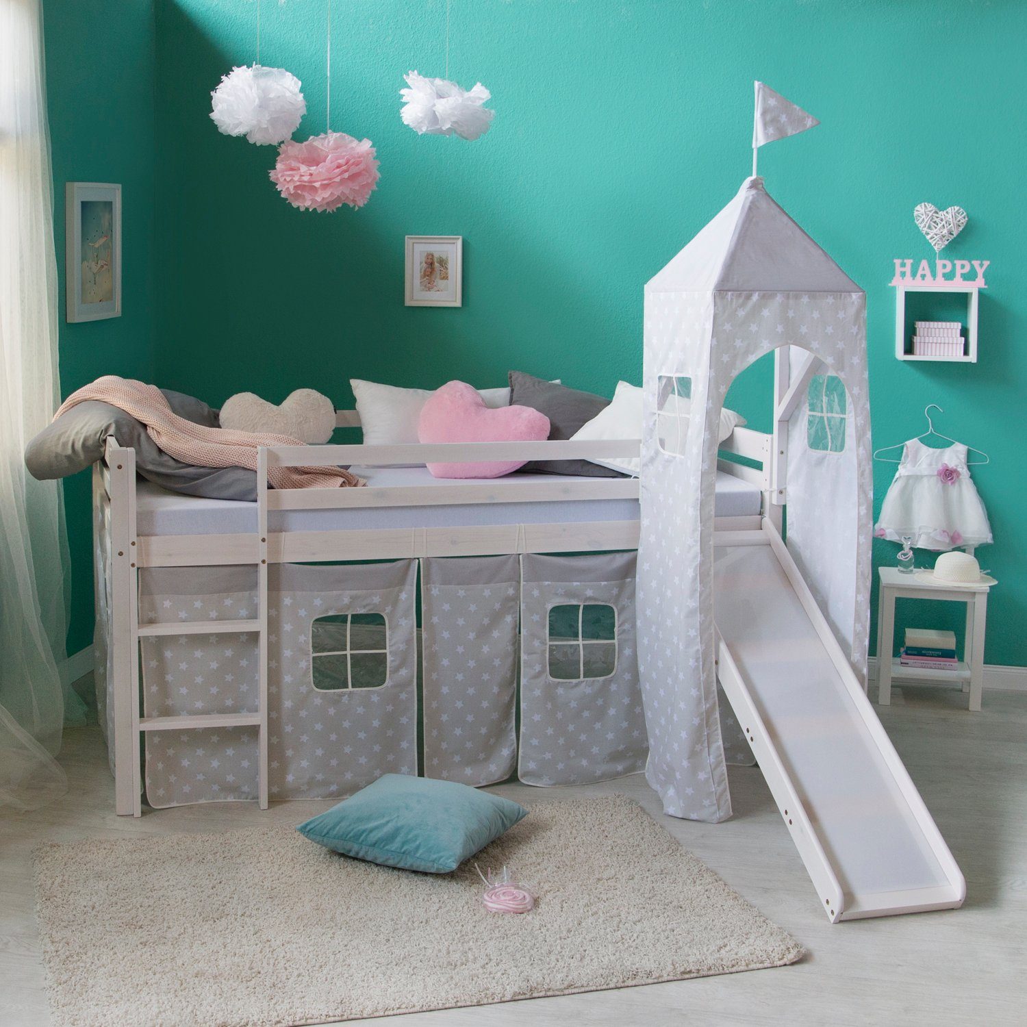 Homestyle4u Hochbett 90x200 Weiß mit Vorhang günstig online kaufen