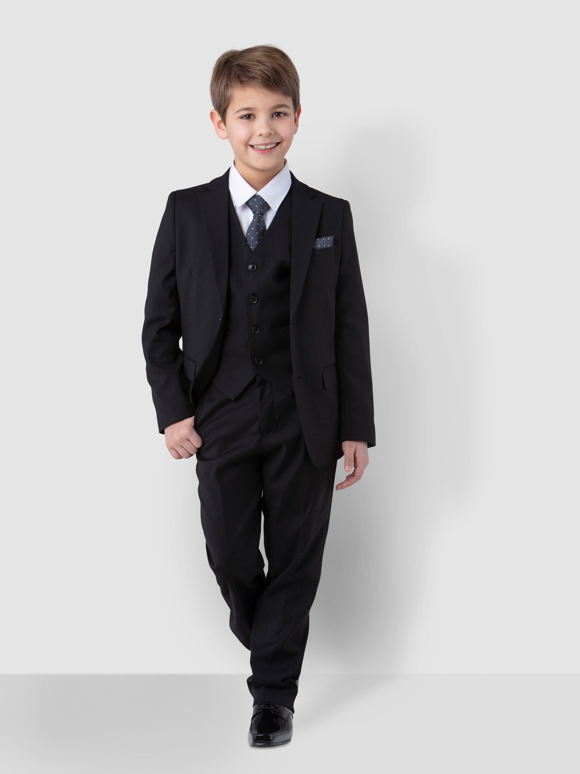 Anzug Kinderanzug elegant (Sakko, Schwarz festlich, in Krawatte und Kommunionanzug Hemd, Einstecktuch) Weste, 6-teilig, Melli-Trends Luxuriöser Jungen Hose,