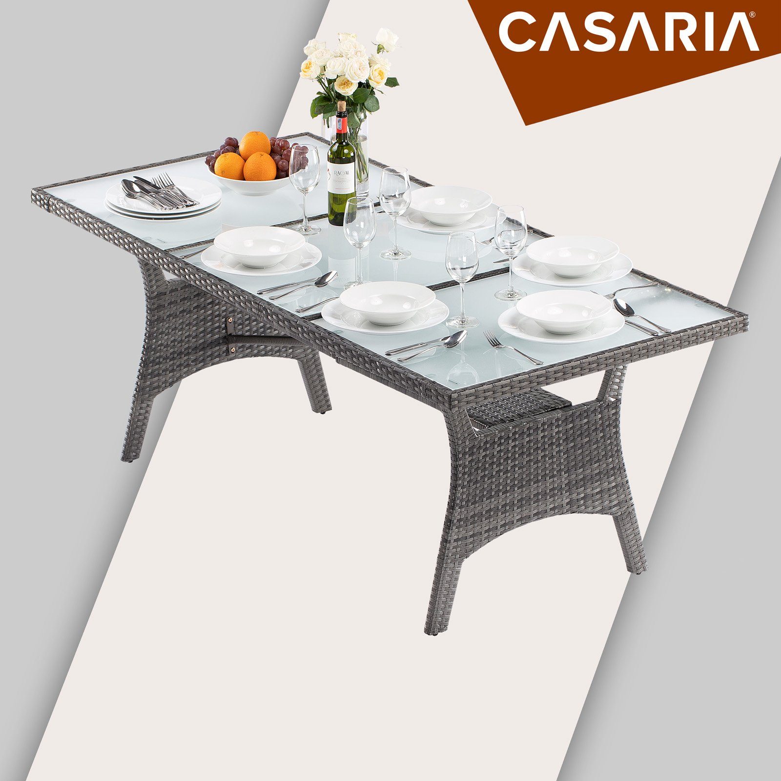 Ablage Casaria Grau (1-St), 190x90x74 Sicherheits mit Polyrattan cm Gartentisch Glasplatte