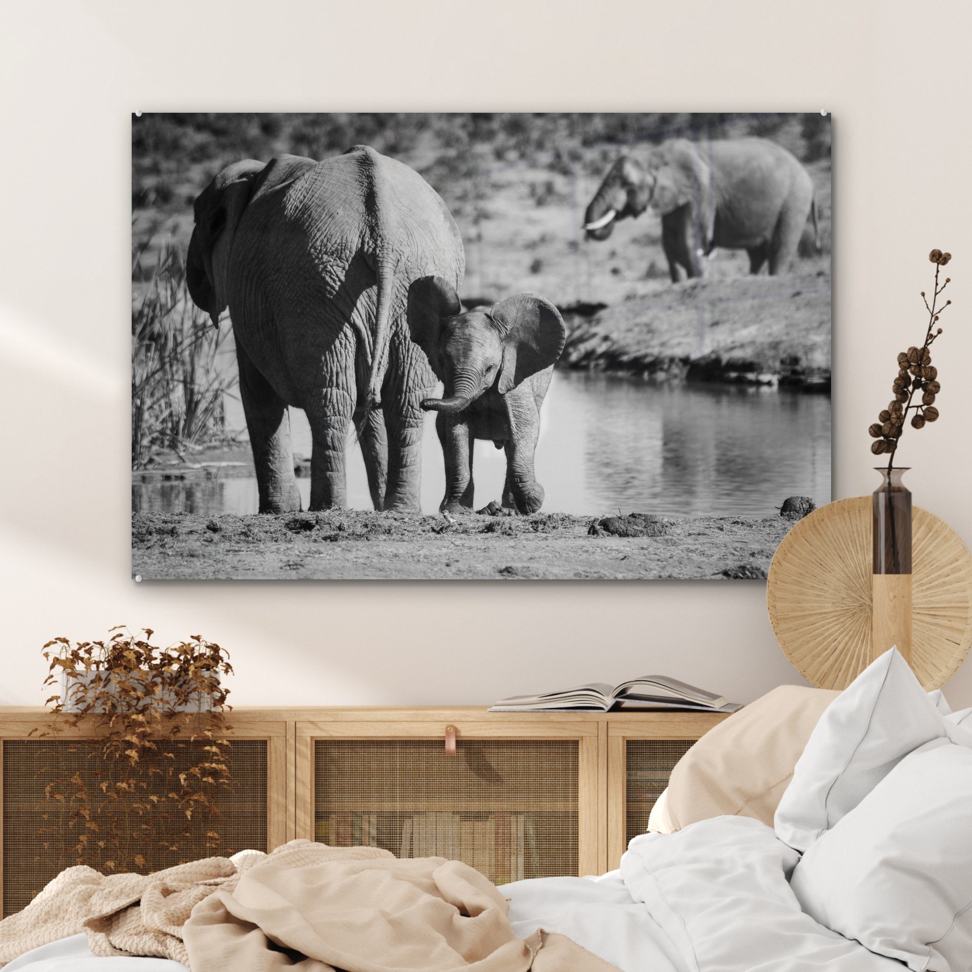 MuchoWow Acrylglasbild Elefantenkalb (1 am (schwarz/weiß), Acrylglasbilder St), & Schlafzimmer Wohnzimmer Wasser