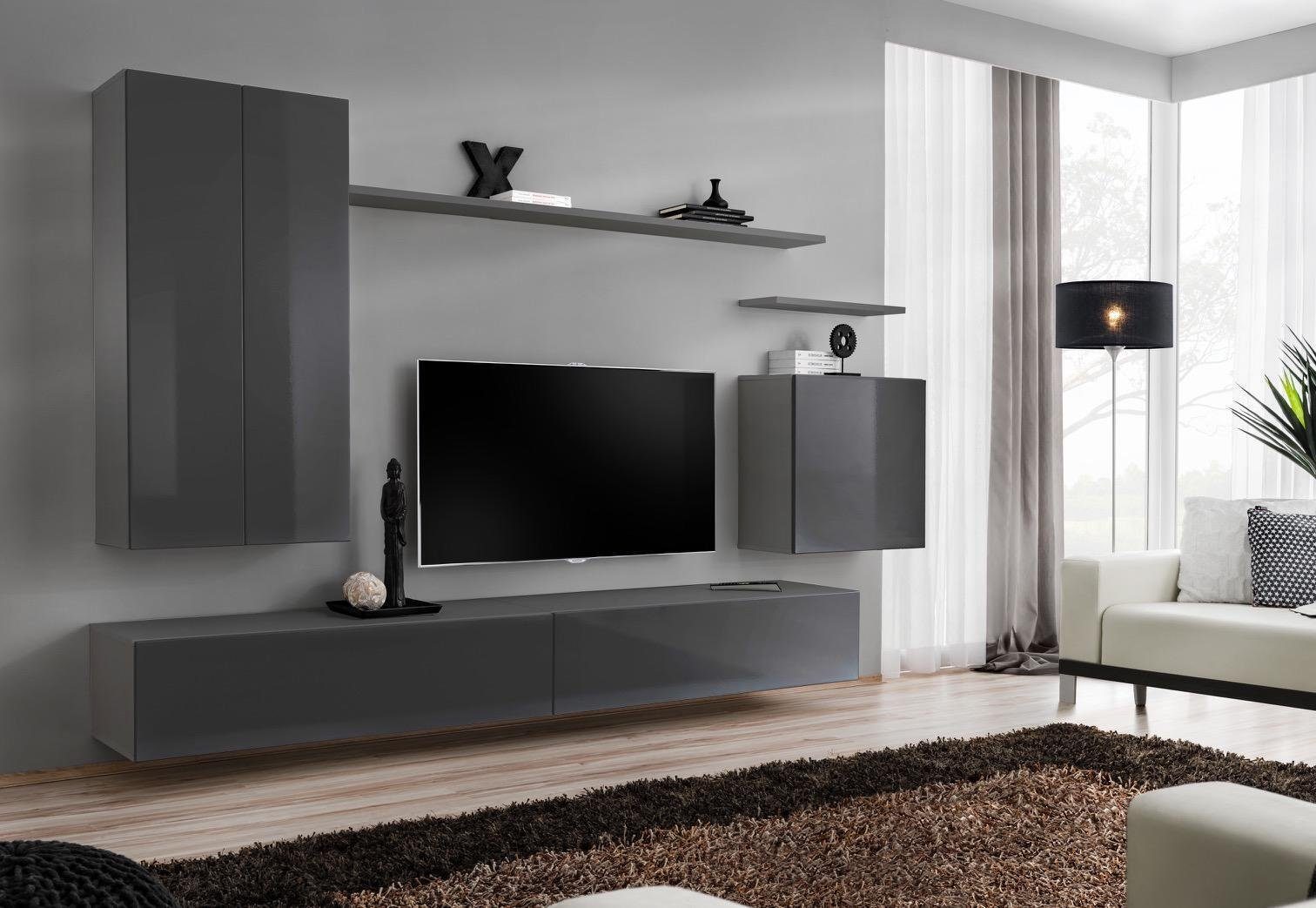 + Wohnwand 2x TV 1x Sideboard TV (8-St., Wohnzimmer-Set Luxus Modern Ständer JVmoebel 3x Made Grau Wandschrank Wohnzimmermöbel Ständer Wohnwand Neu, 2x + + Europa Wandregal), in