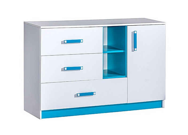 Feldmann-Wohnen Sideboard Trafiko (1 Tür, dahinter 1 Einlegeboden, 2 kleine Schubladen, 1 große Schublade, 1 St., Farbapplikation wahlweise in blau, grau oder pink), 130cm weiß Farbapplikation wählbar 1-türig mit 3 Schubladen