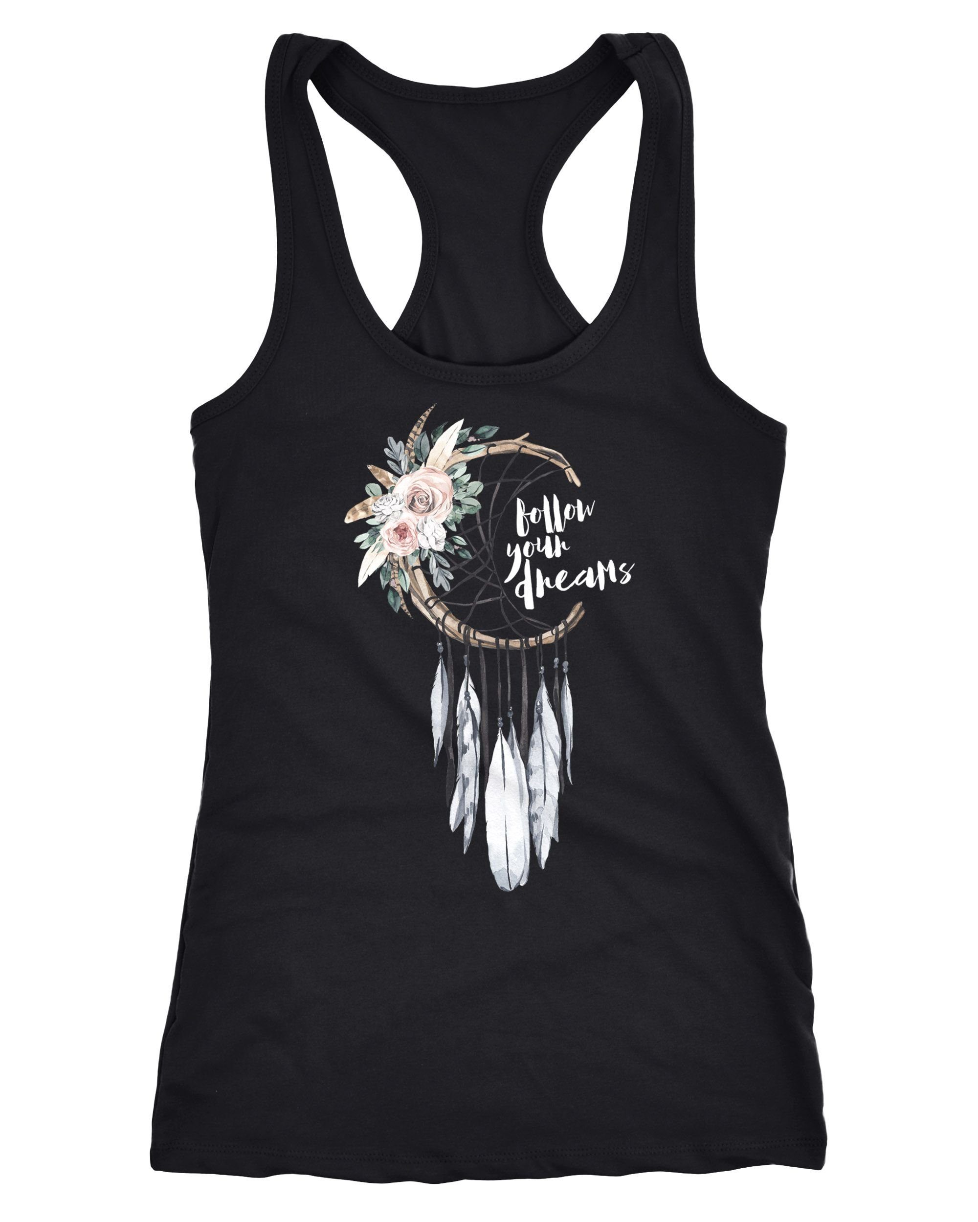 Neverless Tanktop Damen Tank-Top Traumfänger Dreamcatcher Follow your Dreams Spruch Blumen Federn Spruch Boho Racerback Neverless®