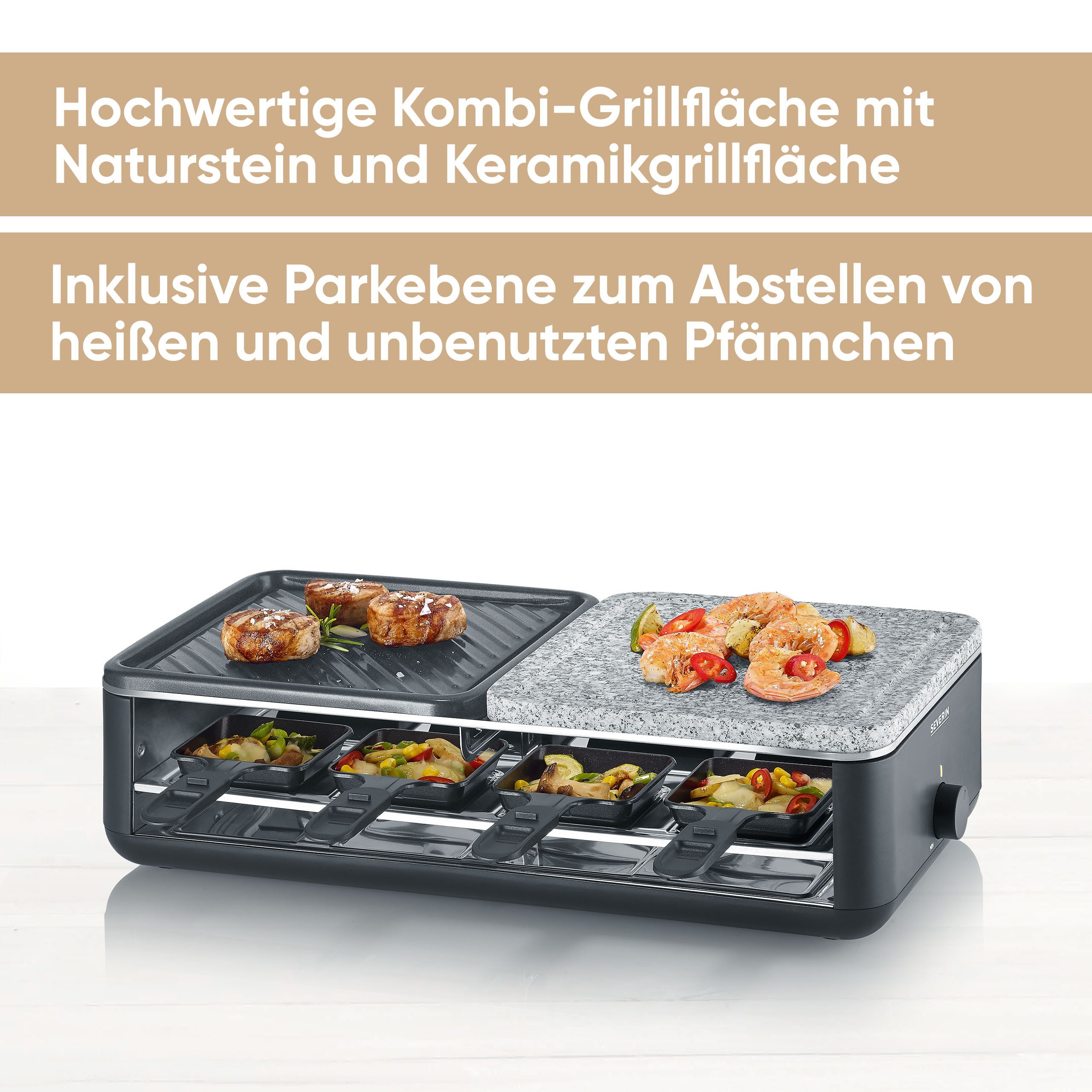 Severin Raclette RG 2366, 8 Raclettepfännchen, 1300 W, für 8 Personen, Naturgrillstein & antihaftbeschichtete Grillplatte