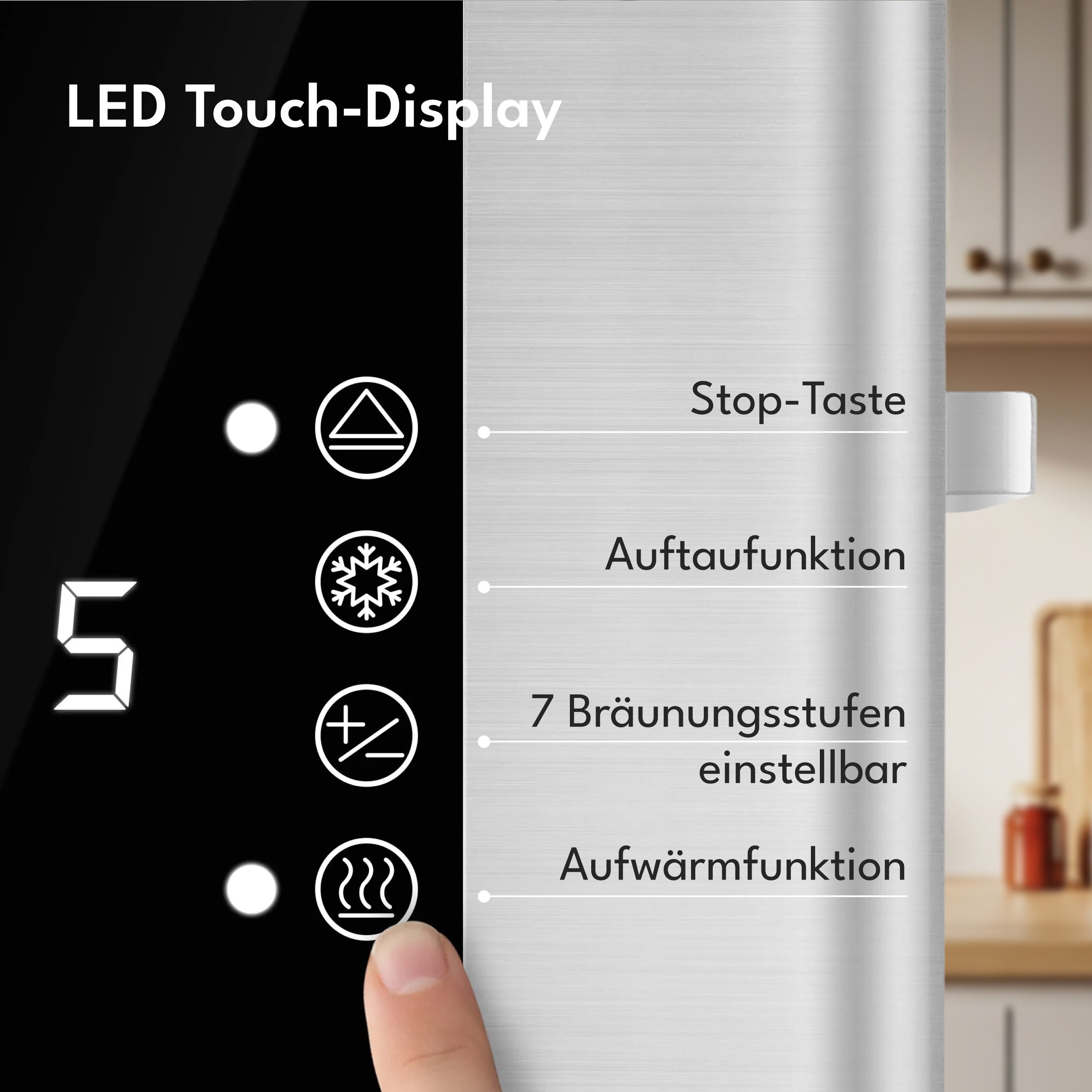 Lebenlang Toaster Premium 4-Scheiben Multifunktionstoaster aus Edelstahl, 4-Scheiben, 1400,00 W, mit Touchscreen-Display, 7 Bräunungsstufen und 4 Funktionen