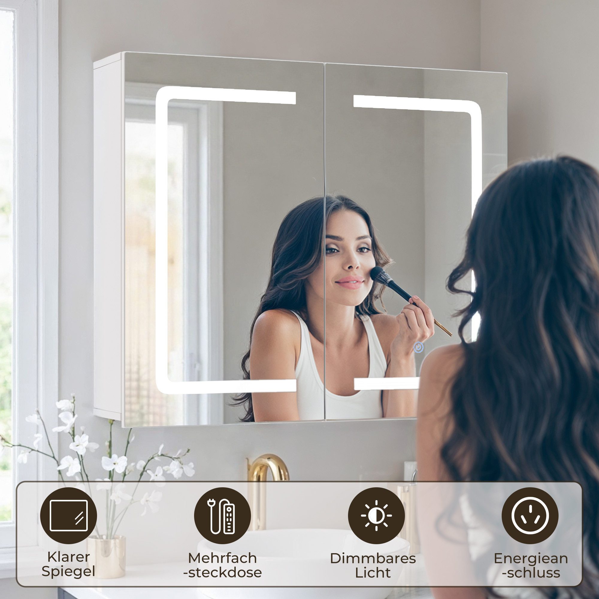 Bealife Spiegelschrank Badezimmerschrank mit LED-Beleuchtung Dreistufiges Ablagefach (B:70/80CM)