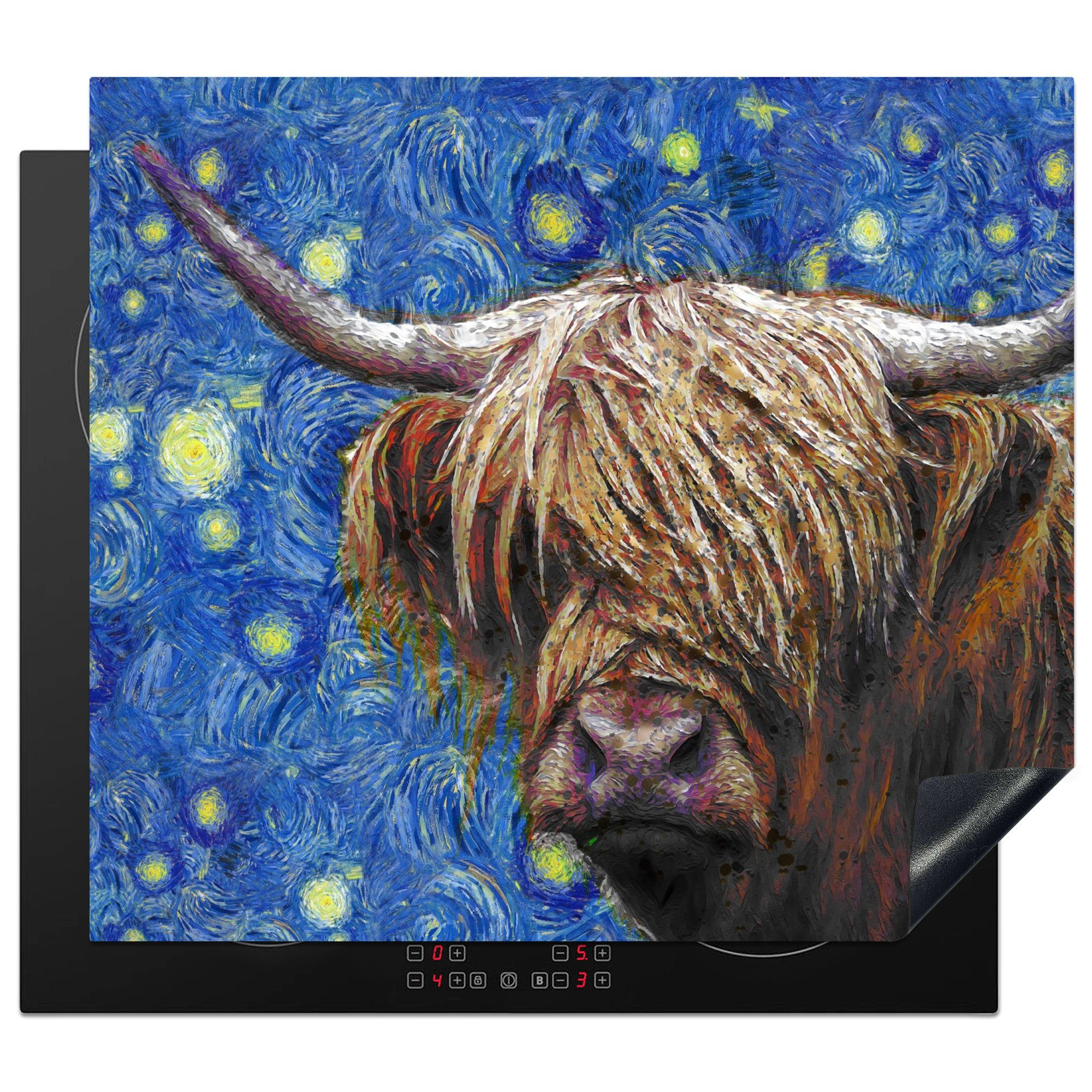 MuchoWow Herdblende-/Abdeckplatte Van Gogh - Sternennacht - Schottischer Highlander, Vinyl, (1 tlg), 59x52 cm, Ceranfeldabdeckung für die küche, Induktionsmatte