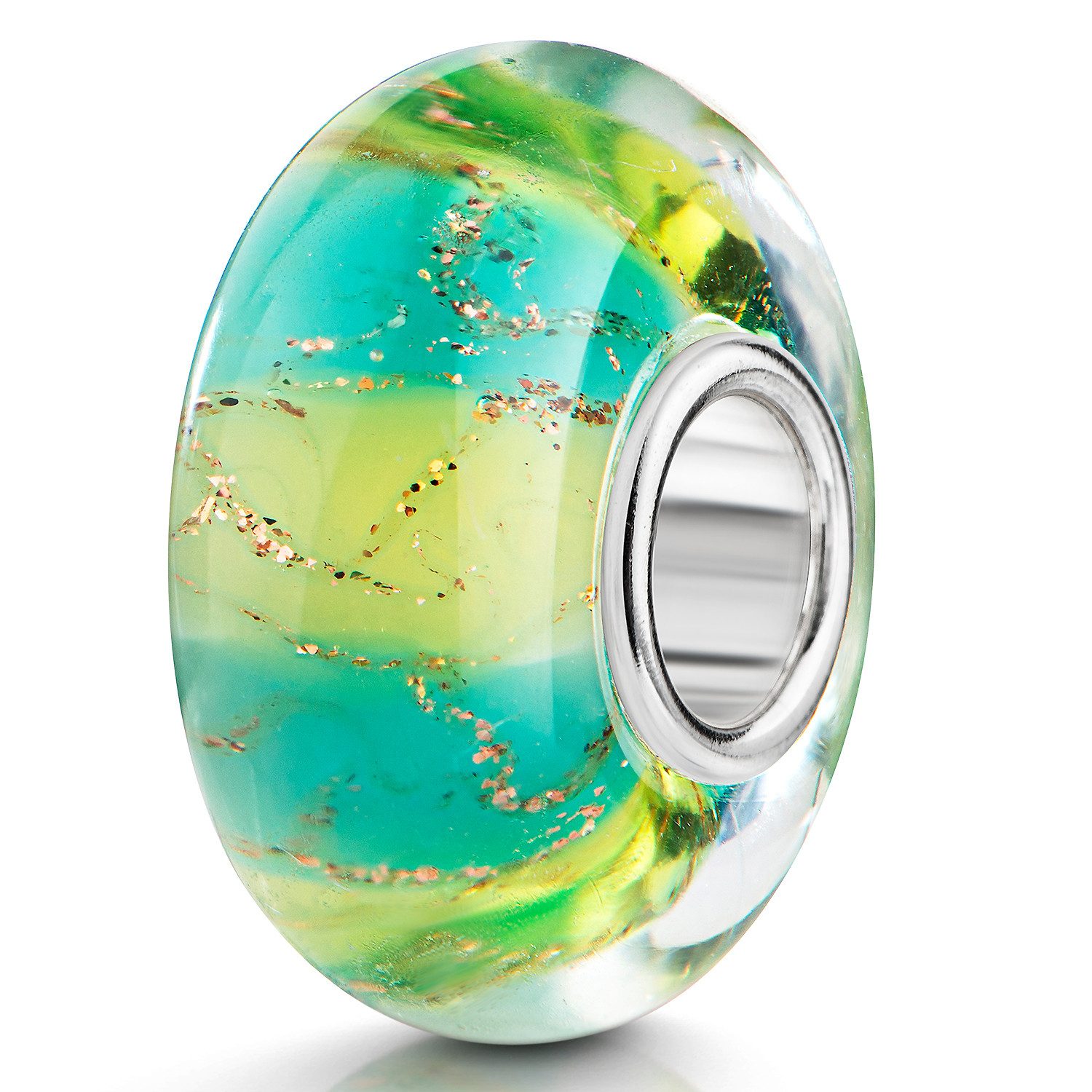 Bead Glasperle Streifen Türkis Hellgrün Glitzer Gold 351