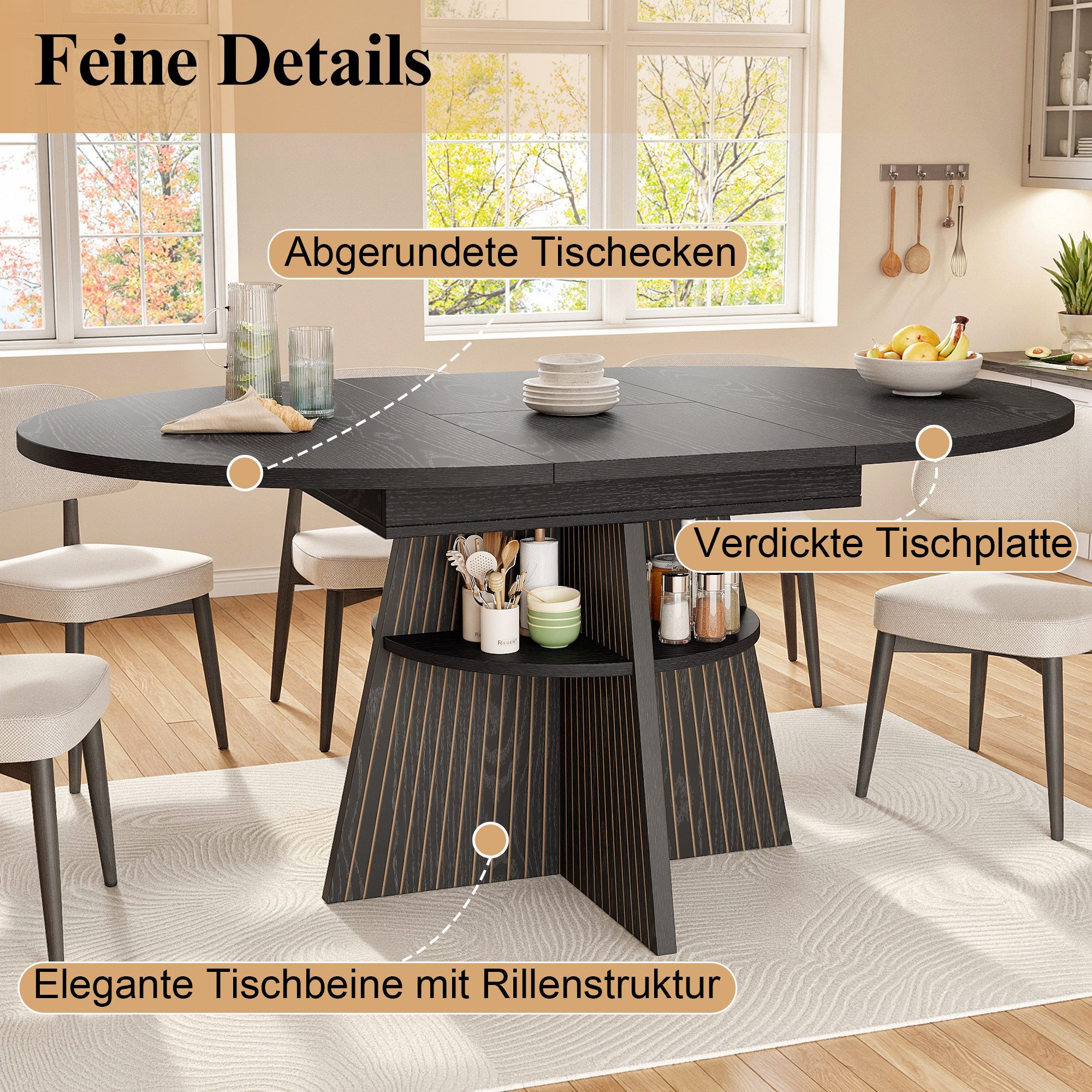 i@home Esstisch ausziehbarer Esstisch platzsparender Multifunktionstisch (Packung Set), offenem Ablagefach verdickte Tischplatte abgerundete Ecken – Bild 3 von 5