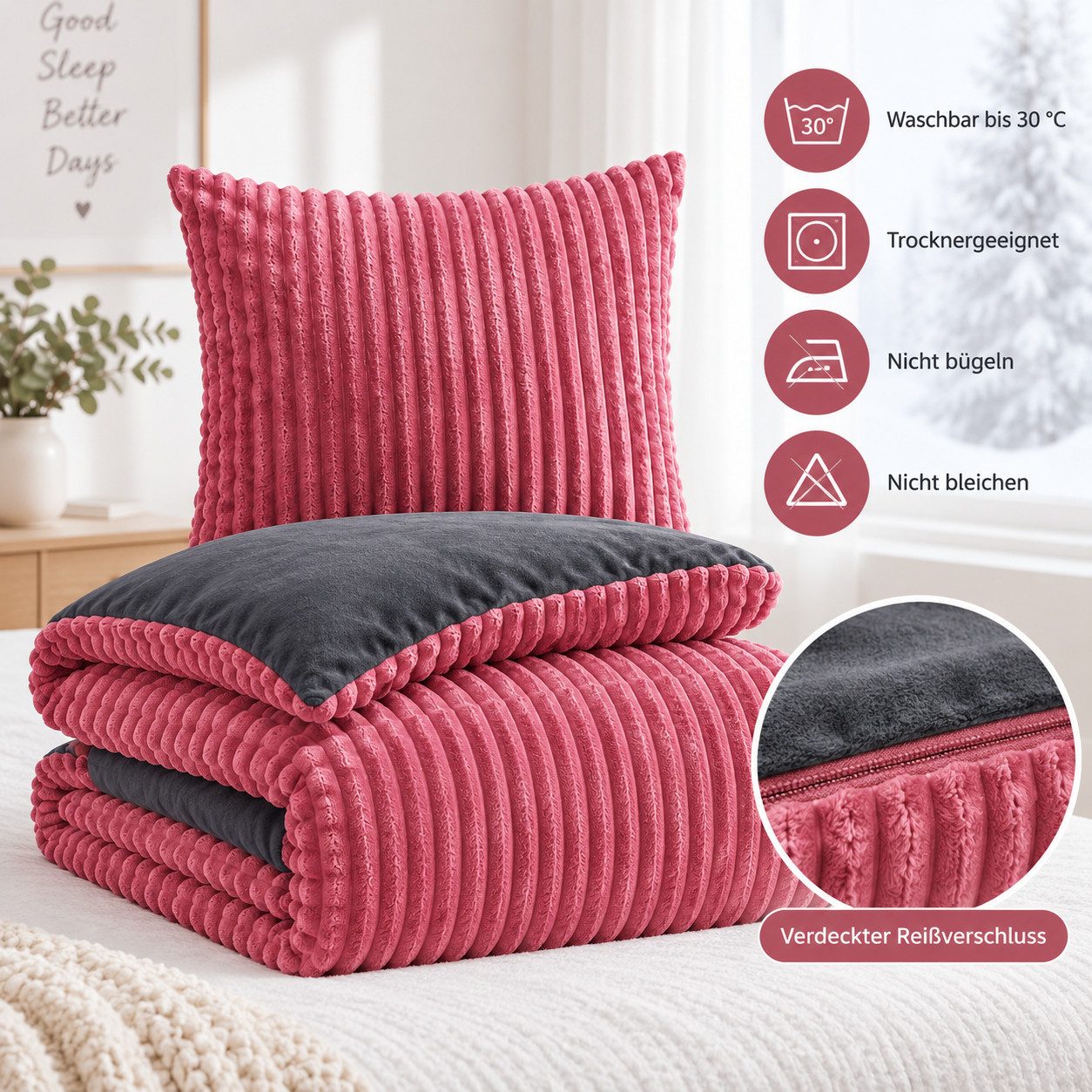 Leonado Vicenti Bettwäsche Teddyplüsch Cord Optik, Fleece, 2 teilig, extra warm und kuschelig, Winterbettwäsche Cashmere Touch – Bild 5 von 5
