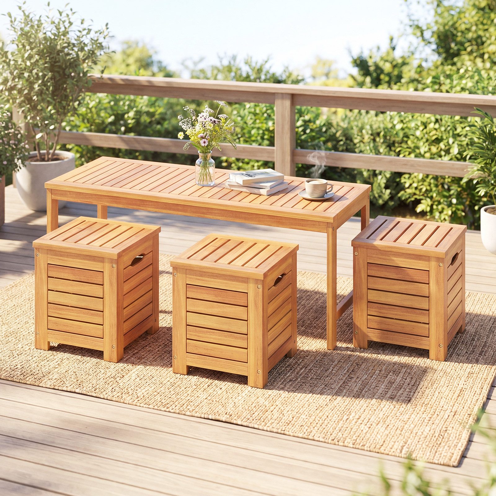 COSTWAY Gartenbank, Holz mit 3 Aufbewahrungsboxen wetterfest 2-Sitzer 115cm