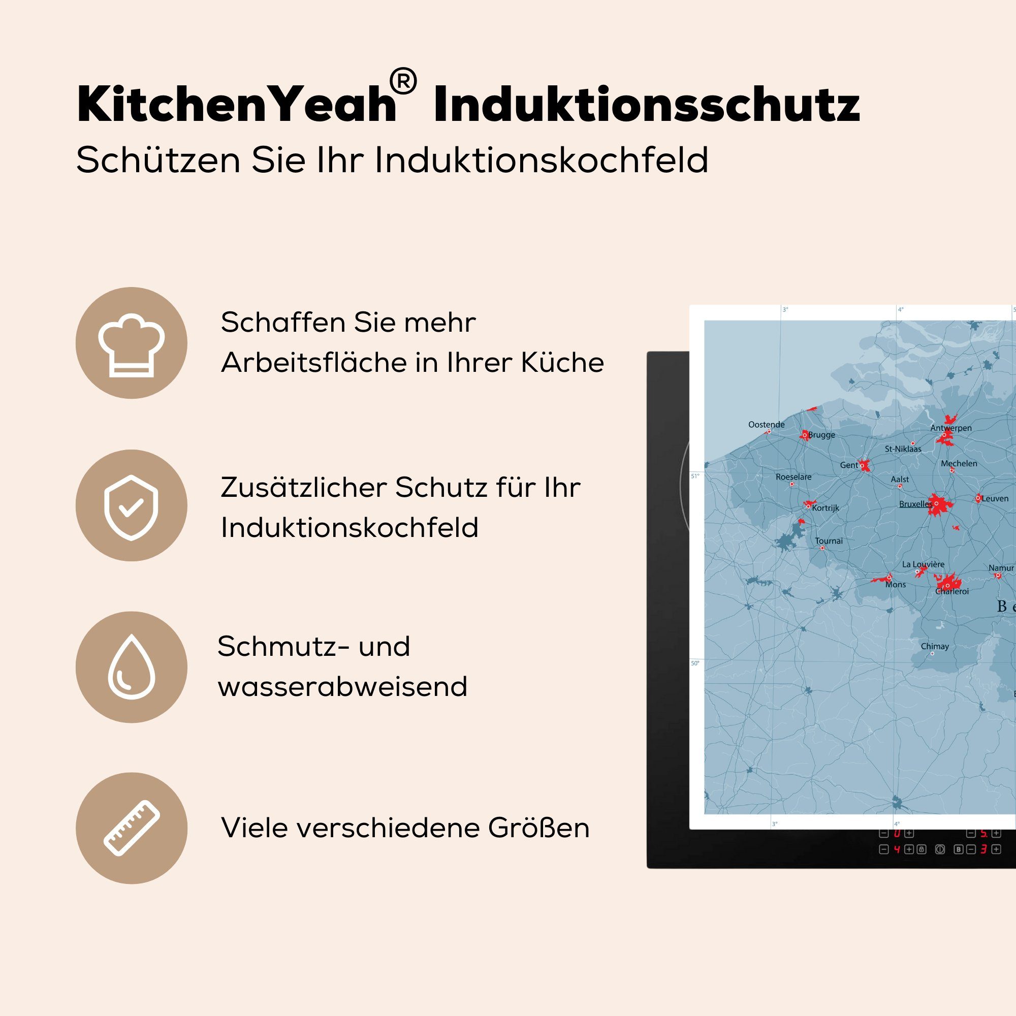 für Illustration Arbeitsplatte von Herdblende-/Abdeckplatte (1 in Farbton, Belgien blauen einem Ceranfeldabdeckung, Vinyl, 78x78 Eine MuchoWow küche tlg), cm,